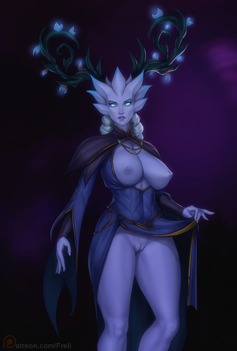 antlers areola big_breasts blizzard_entertainment breasts cleavage clothed clothing dress female freli genitals glowing glowing_eyes horn horned_humanoid humanoid lips mature_female nipples presenting pussy solo thick_thighs underwear video_games warcraft wide_hips winter_queen