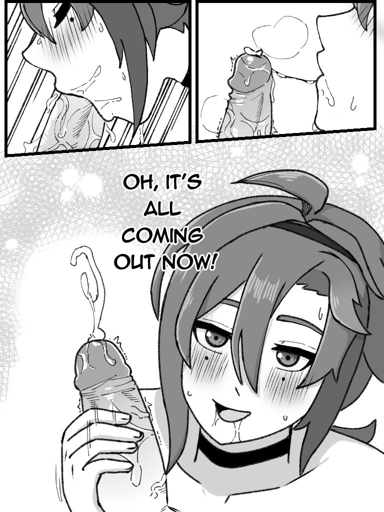 blowjob, collar, comic panel, cum in mouth, ejaculation, femboy, gay, genshin impact, male, manga style, shikanoin heizou, sweat