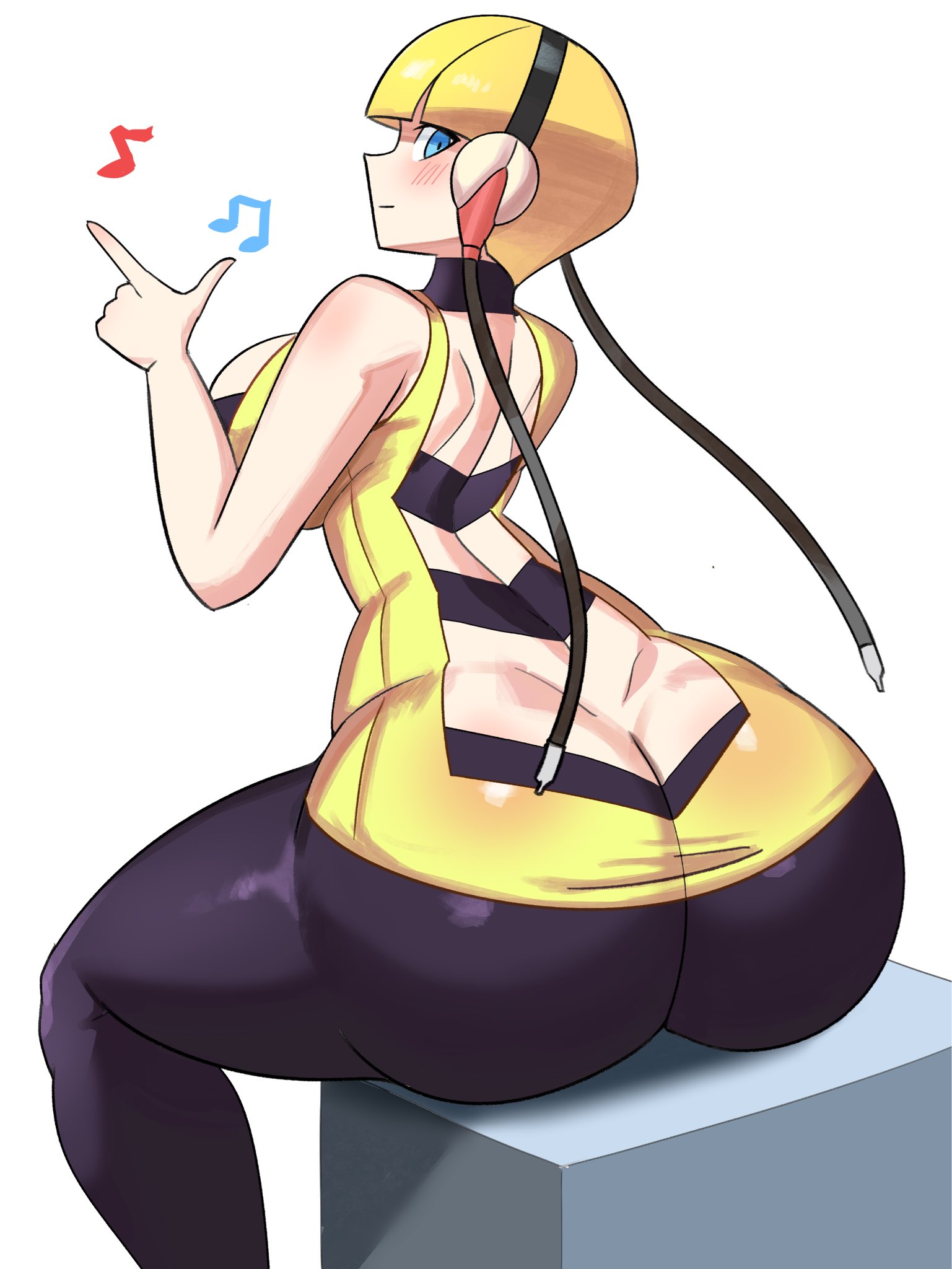 1girls, ass, ass cleavage, ass crack, ass focus, big ass, blonde hair, bottom heavy, breasts, bubble ass, bubble butt, butt crack, clothing, elesa (pokemon), fat ass, female, female only, huge ass, large ass, looking at viewer, looking back, nintendo, pokemon, pokemon trainer, sitting, solo, thick ass, thick thighs, wide hips, ytrall