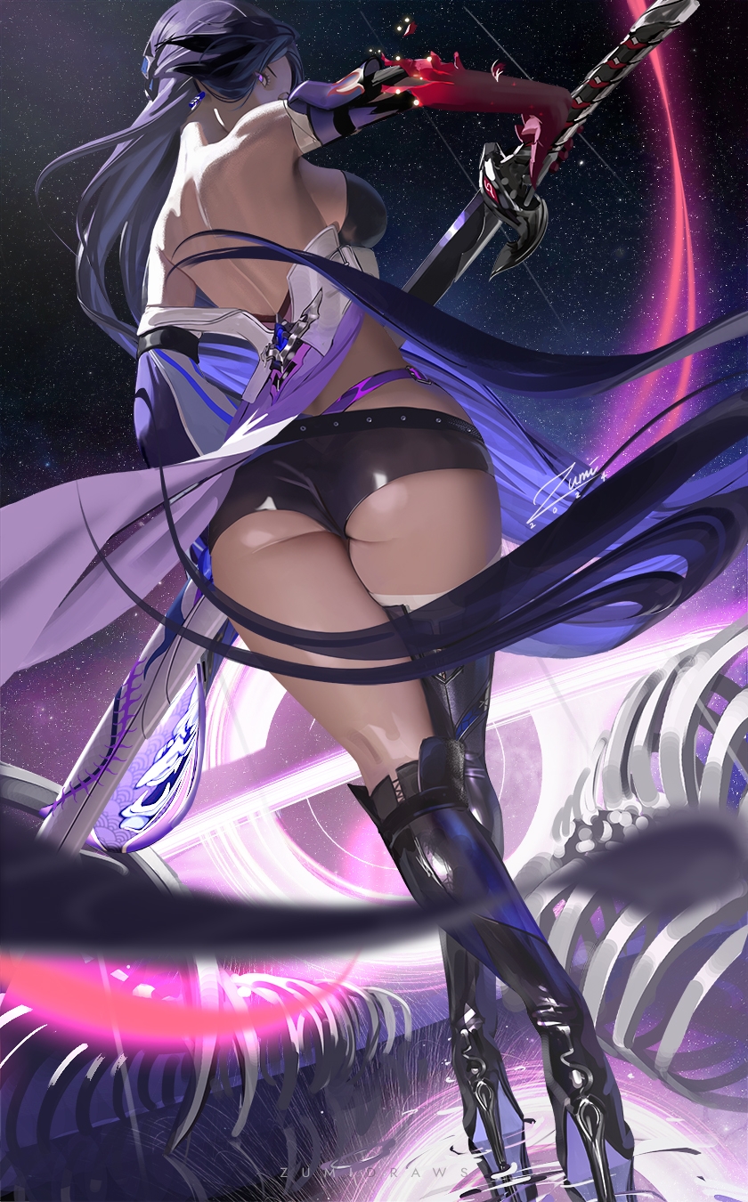 1girls acheron_(honkai:_star_rail) ass_focus honkai:_star_rail large_breasts light-skinned_female long_hair looking_back purple_eyes purple_hair skimpy_clothes solo sword tagme thick_thighs wide_hips zumi