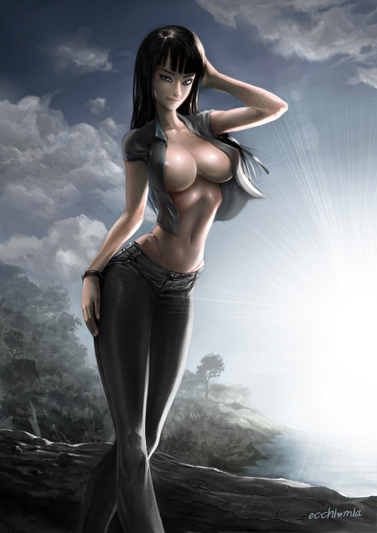 1girls bangs black_bracelet black_hair black_pants blue_eyes blue_shirt bracelet cloudy_sky ecchi-mia female female_only hand_on_head hand_on_hip island large_breasts lens_flare log long_hair nico_robin nipple_peek one_piece open_shirt posing posing_for_the_viewer pre-timeskip sky straight_bangs straight_hair tan_body tan_skin trees voluptuous voluptuous_female