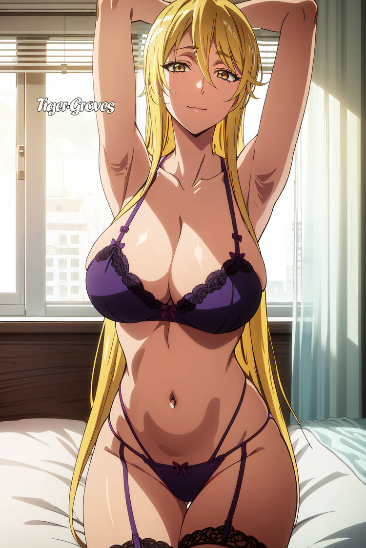ai generated, big breasts, blonde, blonde female, blonde hair, blonde-haired female, bra, breasts, female, garter belt, garter straps, highschool of the dead, huge breasts, large breasts, lingerie, purple bra, purple lingerie, purple panties, purple stockings, purple underwear, shizuka marikawa, stockings, tiger-groves, underwear, yellow eyes