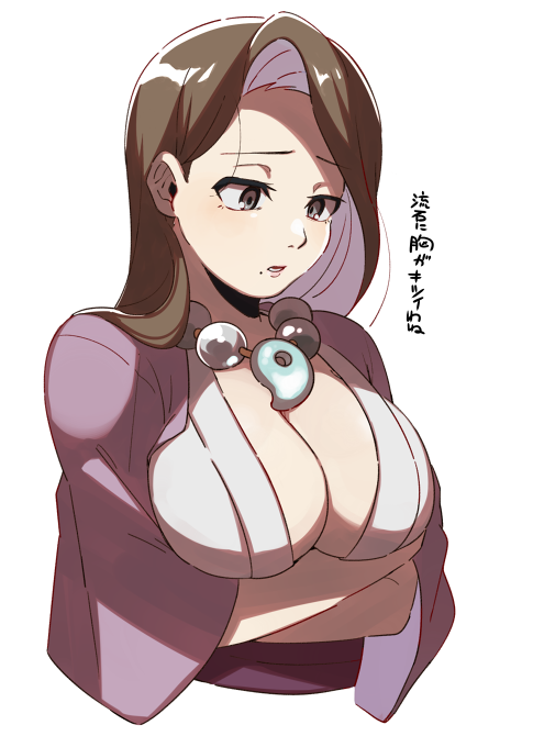 1girls arms_under_breasts big_breasts brown_eyes brown_hair cleavage female female_only fully_clothed gyakuten_saiban huge_breasts japanese_text kimono magatama mia_fey mole possession solo translated