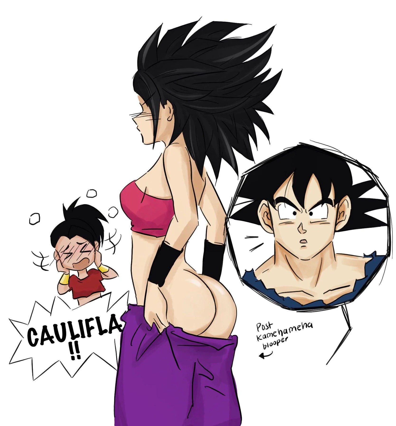 ass, caulifla, dragon ball, dragon ball super, english text, exposed ass, female, holding pants, kale, pants down, son goku, universe 6 saiyan/universe 7 saiyan, universe 6/universe 7, unknown artist, white background