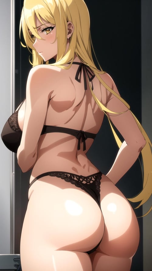 1girls, ai generated, ass, ass focus, big ass, big breasts, black bra, black underwear, blonde, blonde female, blonde hair, blonde-haired female, bra, breasts, female, female only, highschool of the dead, huge breasts, large breasts, light-skinned female, panties, shizuka marikawa, solo, underwear, yellow eyes