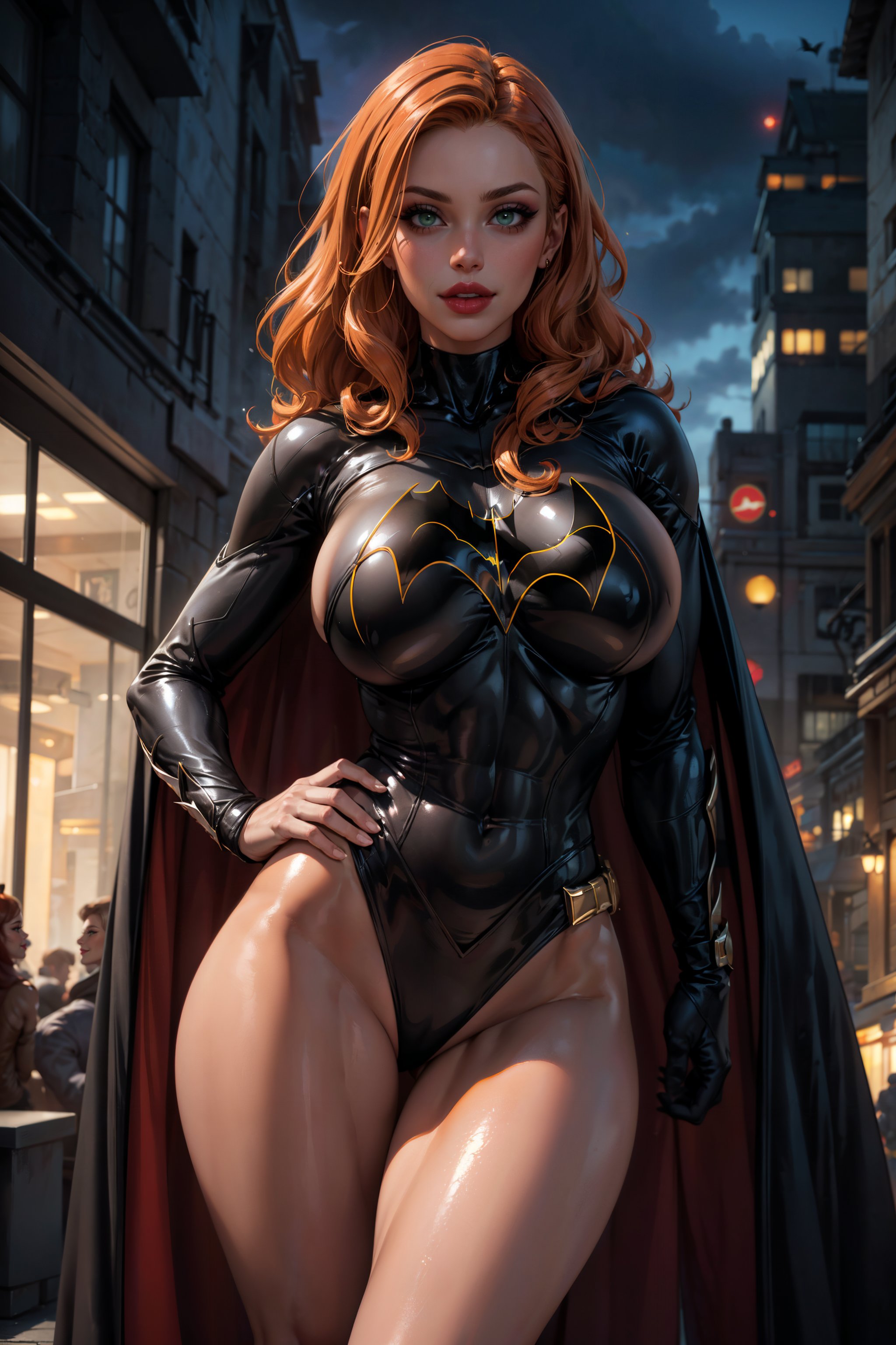 1girls, ai generated, barbara gordon, batgirl, batman (series), big breasts, breasts, busty, cape, dc, dc comics, female, green eyes, hand on hip, hourglass figure, league69, leotard, long hair, looking at viewer, outdoors, red hair, redhead, solo, superheroine, white female