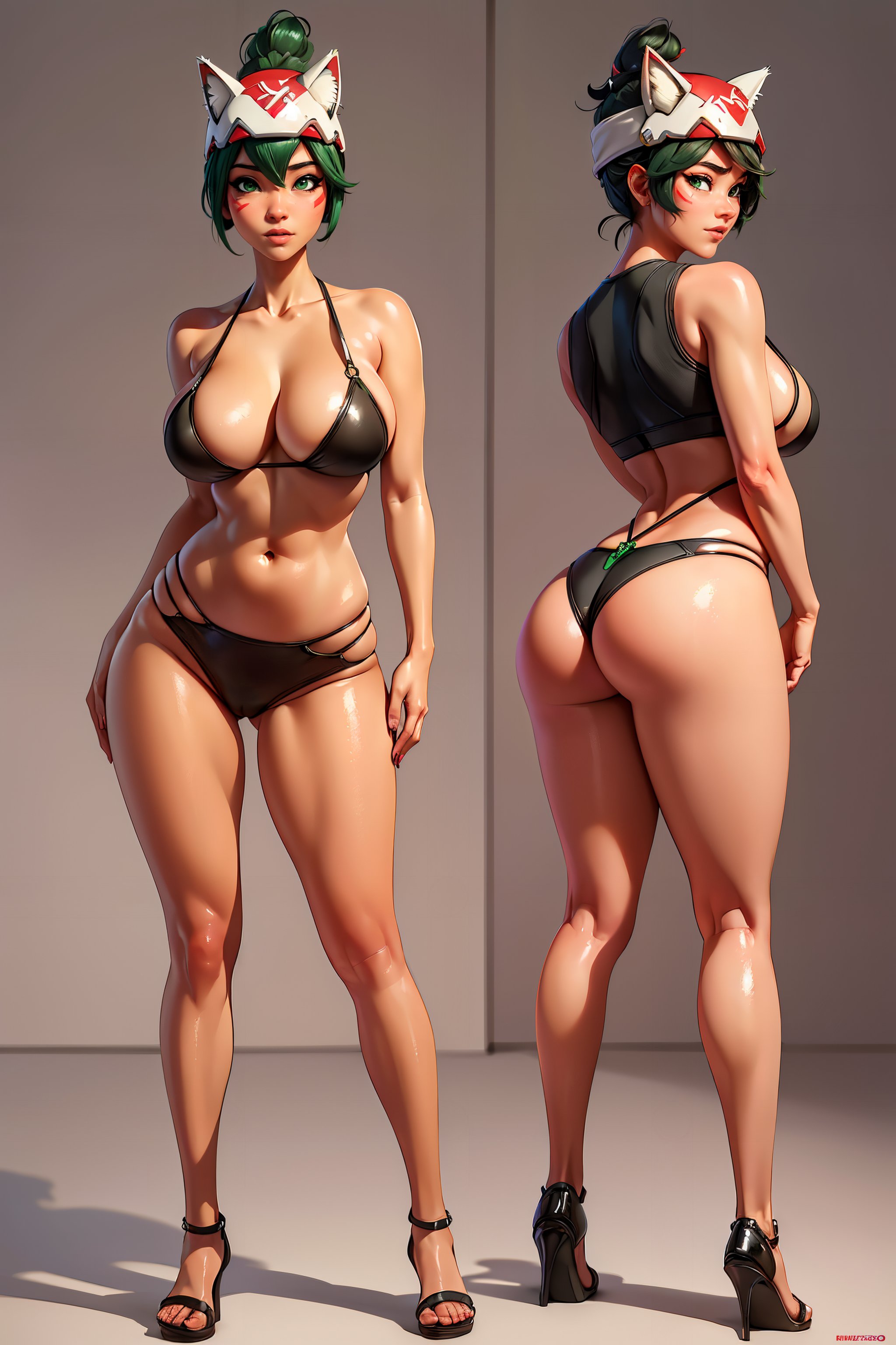 1girls, ai generated, ass, big breasts, bikini, breasts, female, full body, green eyes, green hair, hat, high heels, kiriko (overwatch), large breasts, league69, overwatch, overwatch 2, short hair, solo, split screen, standing