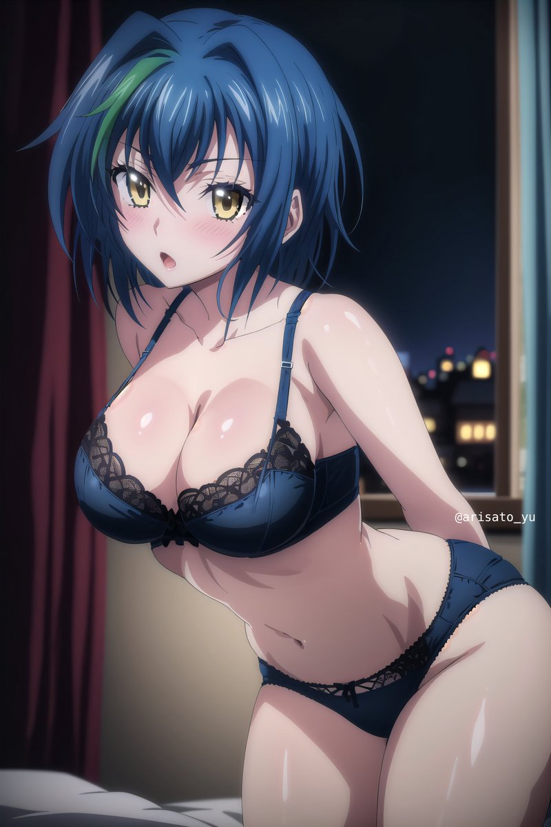 1girls ai_generated arisato_yu arms_behind_back blue_bra blue_hair blue_panties blue_underwear blush bra breasts high_school_dxd large_breasts looking_at_viewer open_mouth panties underwear xenovia_quarta yellow_eyes