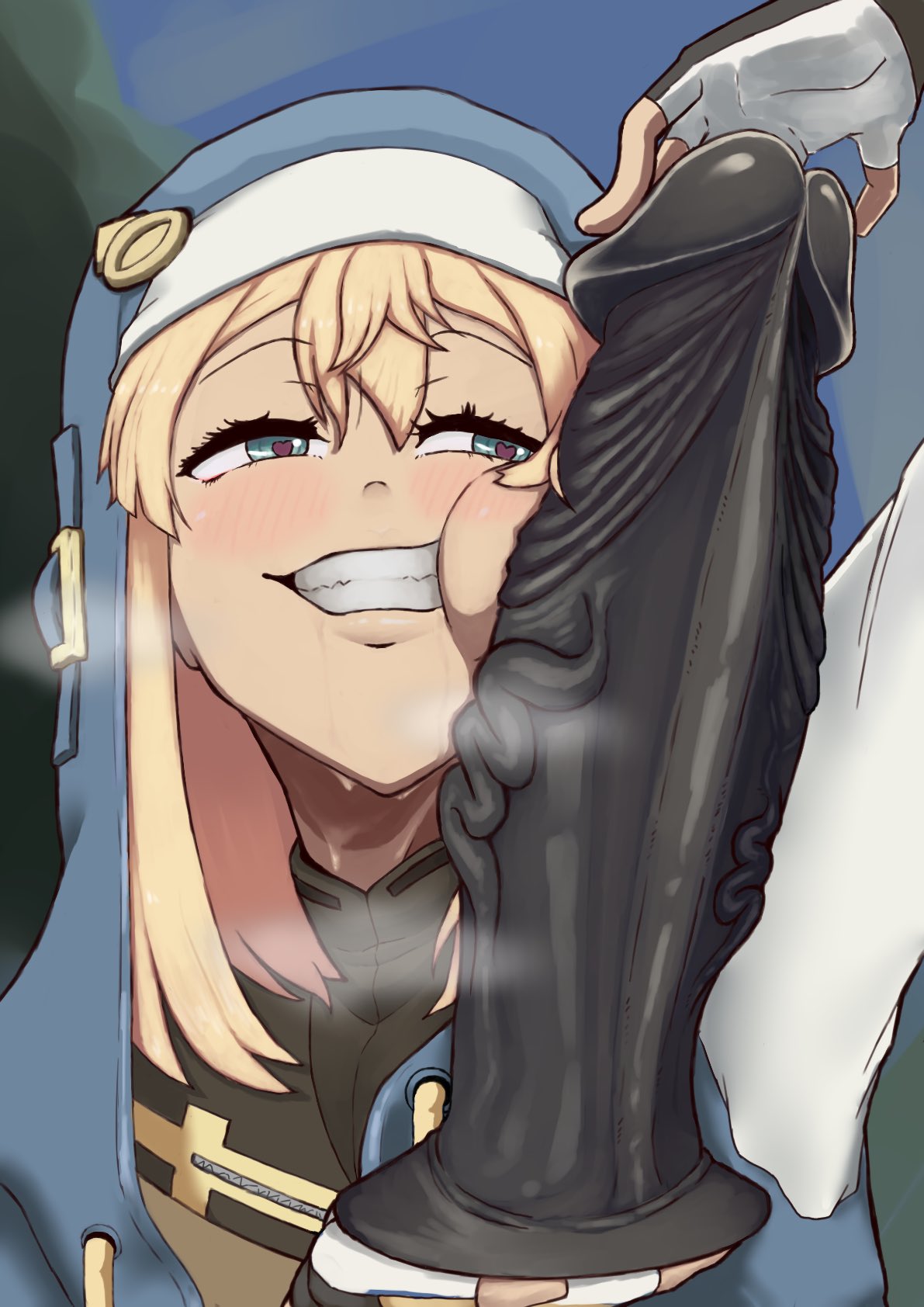 1boy androgynous big_dildo black_dildo blonde_hair blush bridget bridget_(guilty_gear) bridget_grin clothed_male dildo doppel drooling femboy fingerless_gloves grin guilty_gear guilty_gear_strive heart-shaped_pupils imminent_oral large_dildo light-skinned_male male male_only niko_andou otoko_no_ko sex_toy smile smiling smirking solo sweaty trap veiny_penis