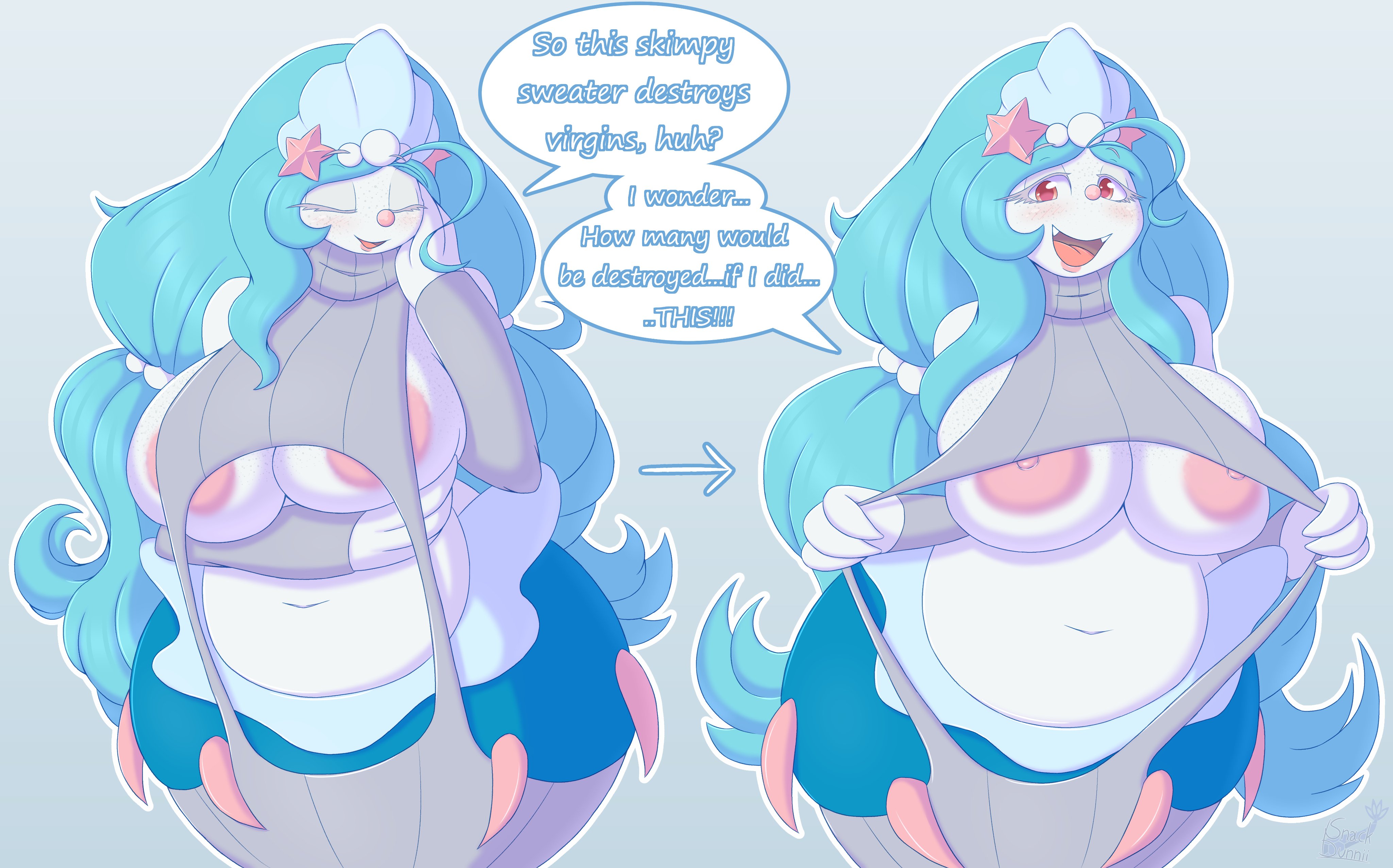 anthro, big breasts, breasts, chubby female, female, huge breasts, merida (snackbunnii), plump, pokémon (species), pokemon, pokemon (species), primarina, snackbunnii, thick thighs, virgin killer sweater, wide hips