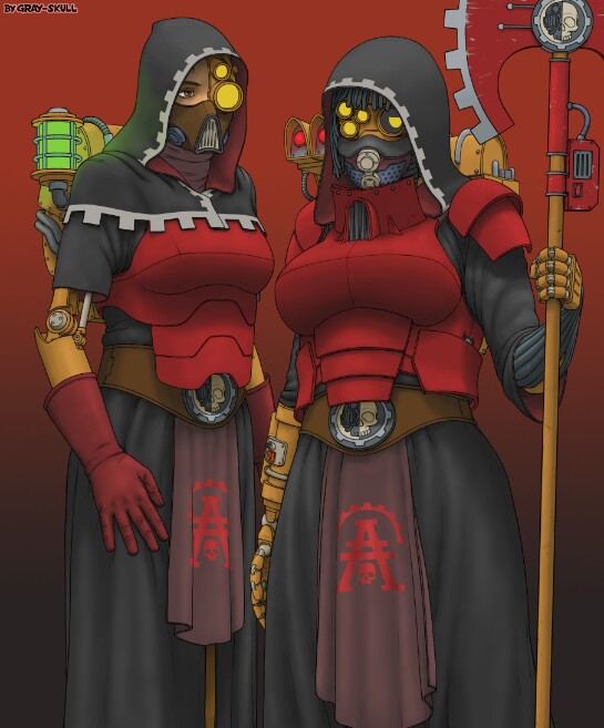 2girls adeptus_mechanicus gray_skull mechanical_arm techpriest warhammer_(franchise) warhammer_40k