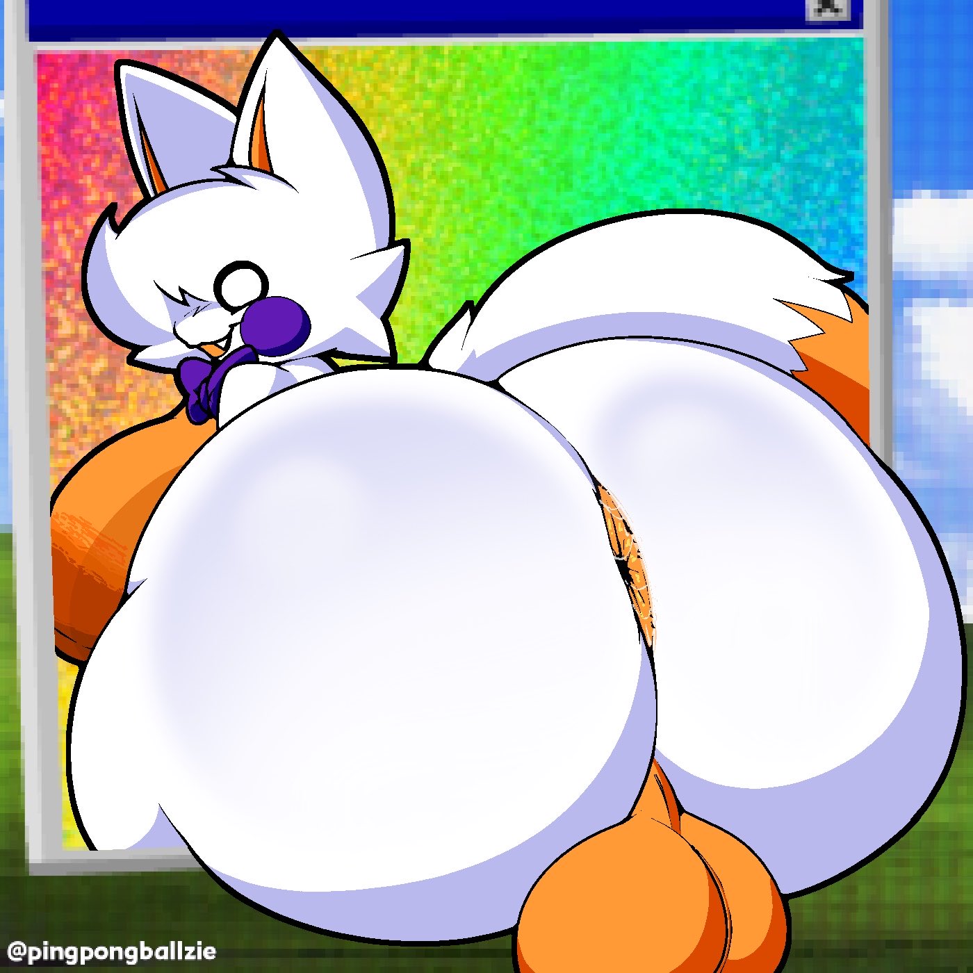 1:1, 2026, anal fluids, anthro, anus, ass, backsack, balls, big balls, big breasts, big butt, blush, bodily fluids, bow tie, breasts, canid, canine, cheek tuft, digital drawing (artwork), digital media (artwork), dipstick tail, facial tuft, fangs, five nights at freddy's, five nights at freddy's world, five nights at freddy's: sister location, five nights at frickbears, five nights at frickbears 3, fox, fur, gay, genitals, gynomorph, head tuft, hi res, huge balls, huge breasts, huge butt, hyper, hyper butt, intersex, lolbit (fnaf), lolbit (frickbears), mammal, markings, nipples, open mouth, open smile, orange anus, orange body, orange fur, pingpongballzie, presenting, presenting hindquarters, purple body, side boob, sitting, smile, solo, tail, tail markings, teeth, thick thighs, tuft, white body, white fur
