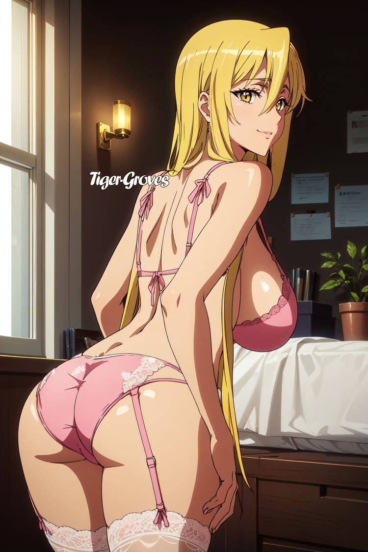 1girls, ai generated, ass, ass focus, big ass, big breasts, blonde, blonde female, blonde hair, blonde-haired female, bra, breasts, female, female only, garter belt, garter straps, highschool of the dead, huge breasts, large breasts, light-skinned female, lingerie, panties, pink bra, pink lingerie, pink panties, pink stockings, pink underwear, shizuka marikawa, solo, stockings, tiger-groves, underwear, yellow eyes
