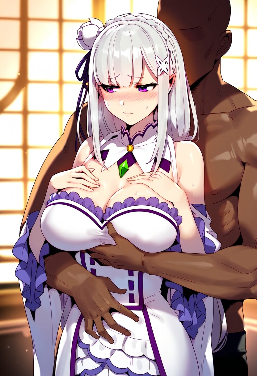 ai generated, big breasts, breasts, dark skin, dark-skinned male, elf, elf ears, elf female, elf girl, emilia (re:zero), female, flower in hair, flower ornament, hair ornament, half-elf, heavenly ass, interracial, light skin, light-skinned female, long hair, male, male/female, pointy ears, princess, purple eyes, re:zero kara hajimeru isekai seikatsu, royalty, silver hair, thighhigh boots, very long hair, white hair