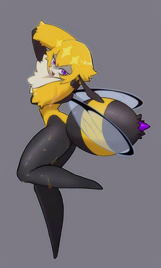 1girls antennae anthro arthropod_abdomen bee blush covered_in_honey crown fur honey posing posing_for_the_viewer purple_eyes purple_eyes_female queen_poisonous_honeybee smile solo_farming_in_the_tower thick_thighs wings