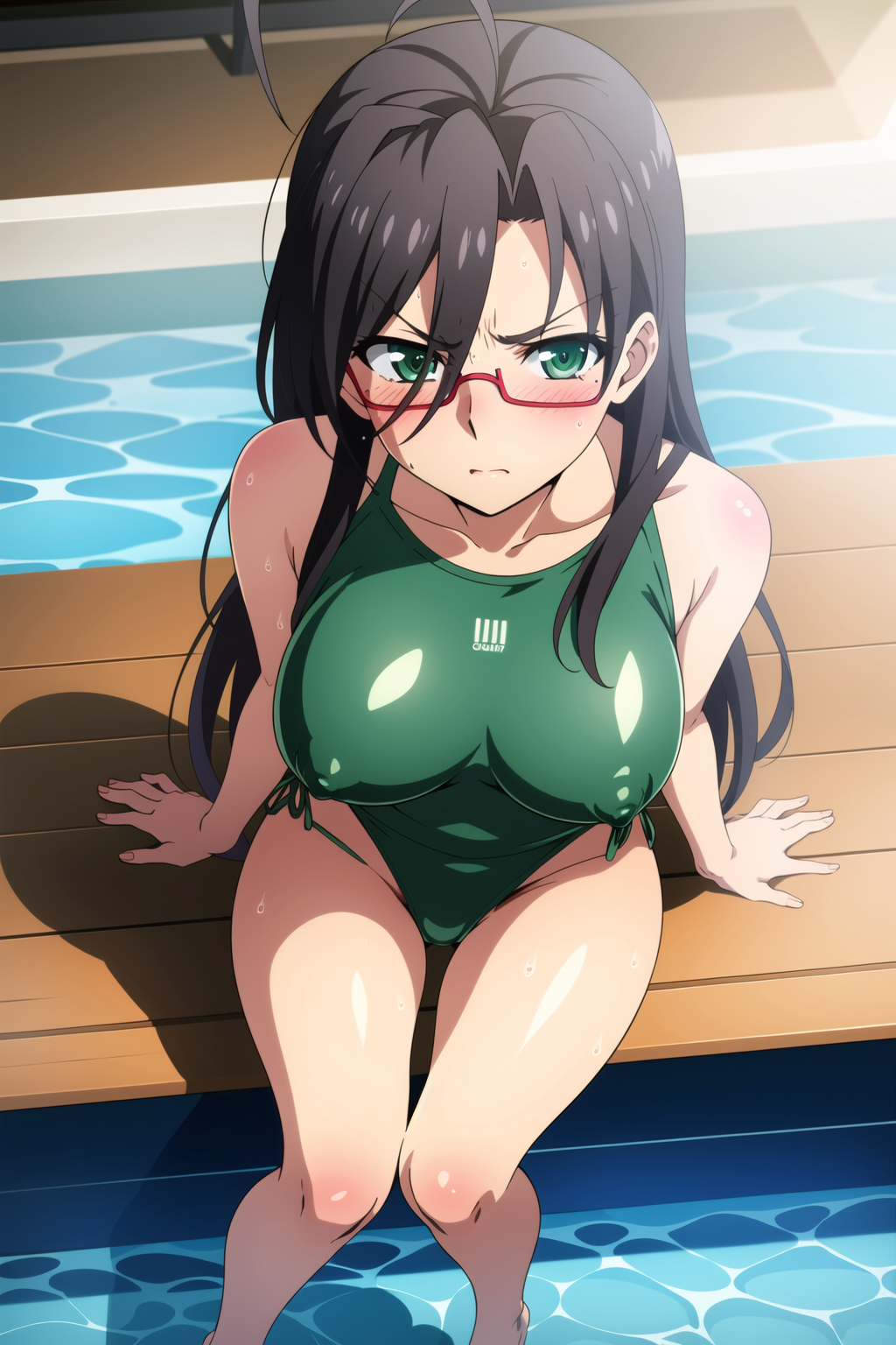 ai_generated big_breast big_breasts black_hair black_hair_female glasses green_eyes green_swimsuit green_swimwear hasegawa_chisato huge_breast huge_breasts large_breast large_breasts mature_female mature_woman milf older_female older_woman red_glasses shinmai_maou_no_testament swimsuit swimwear