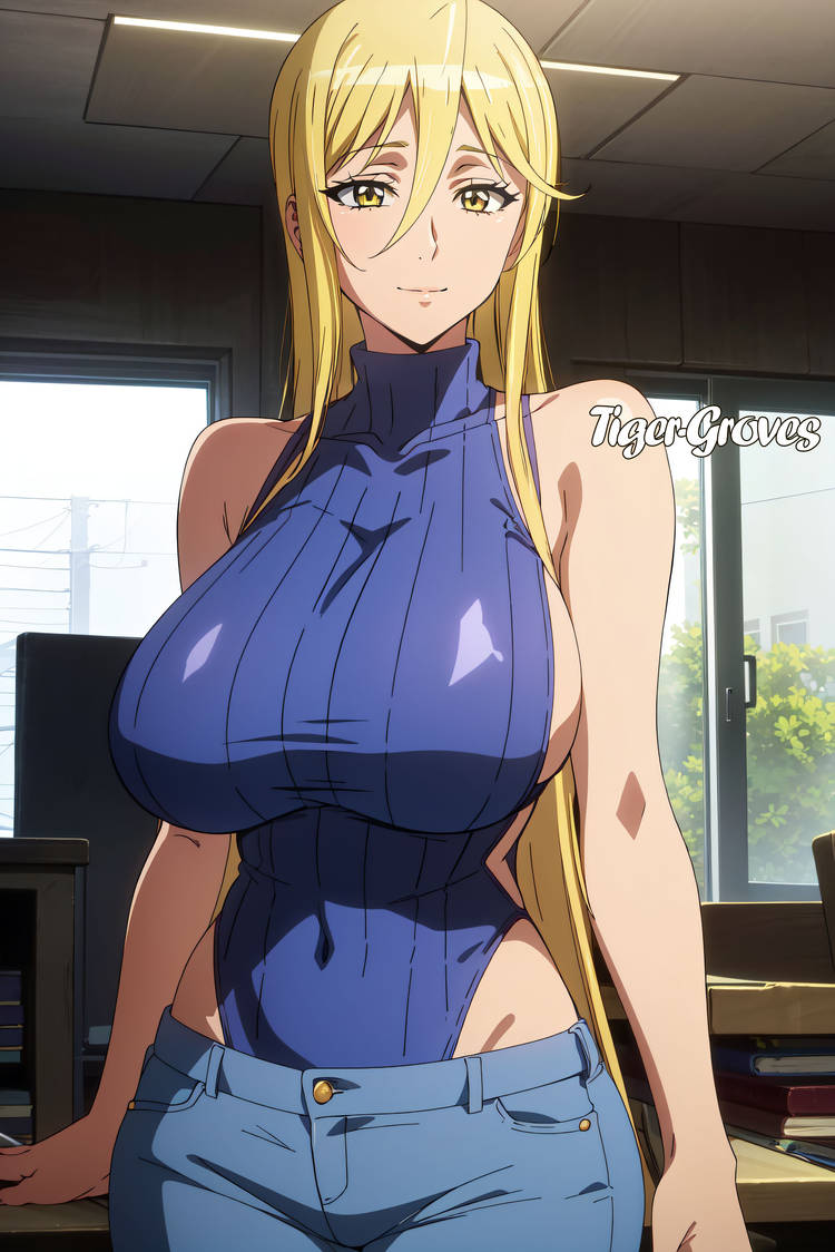 ai generated, big breasts, blonde, blonde female, blonde hair, blonde-haired female, breasts, female, highschool of the dead, huge breasts, large breasts, shizuka marikawa, yellow eyes