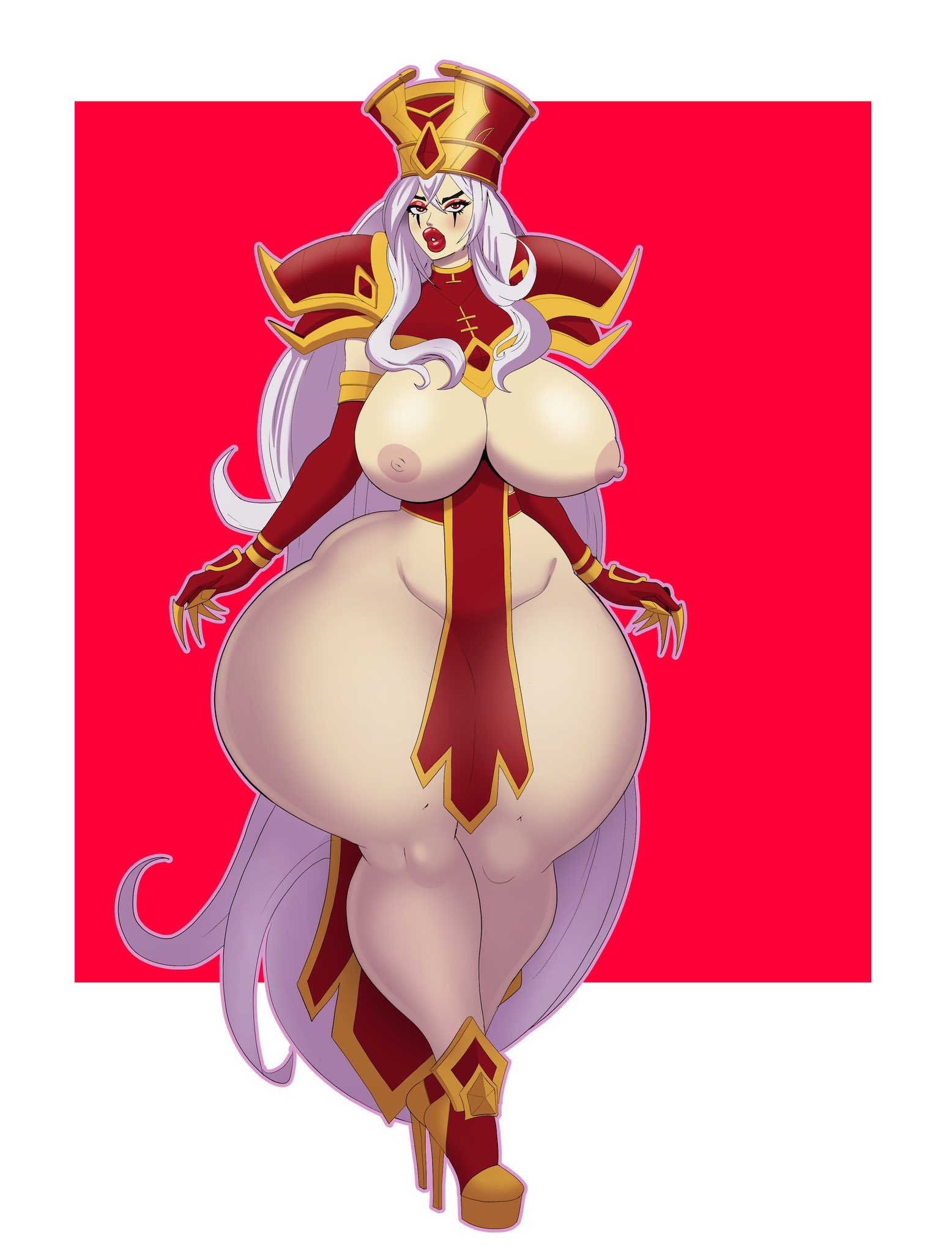1girls, annon, big lips, bimbo, breasts, breasts out, exaggerated anatomy, female, female only, gigantic hips, gigantic thighs, high heels, huge breasts, huge hips, huge thighs, human, hyper, hyper thighs, long hair, looking at viewer, revealing clothes, sally whitemane, skimpy, solo, solo female, standing, thick thighs, wide hips, world of warcraft