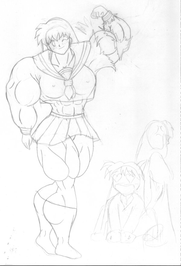 abs biceps breasts extreme_muscles female inuyasha kagome_higurashi matl monochrome muscles muscular muscular_arms muscular_female muscular_legs muscular_thighs pecs sketch