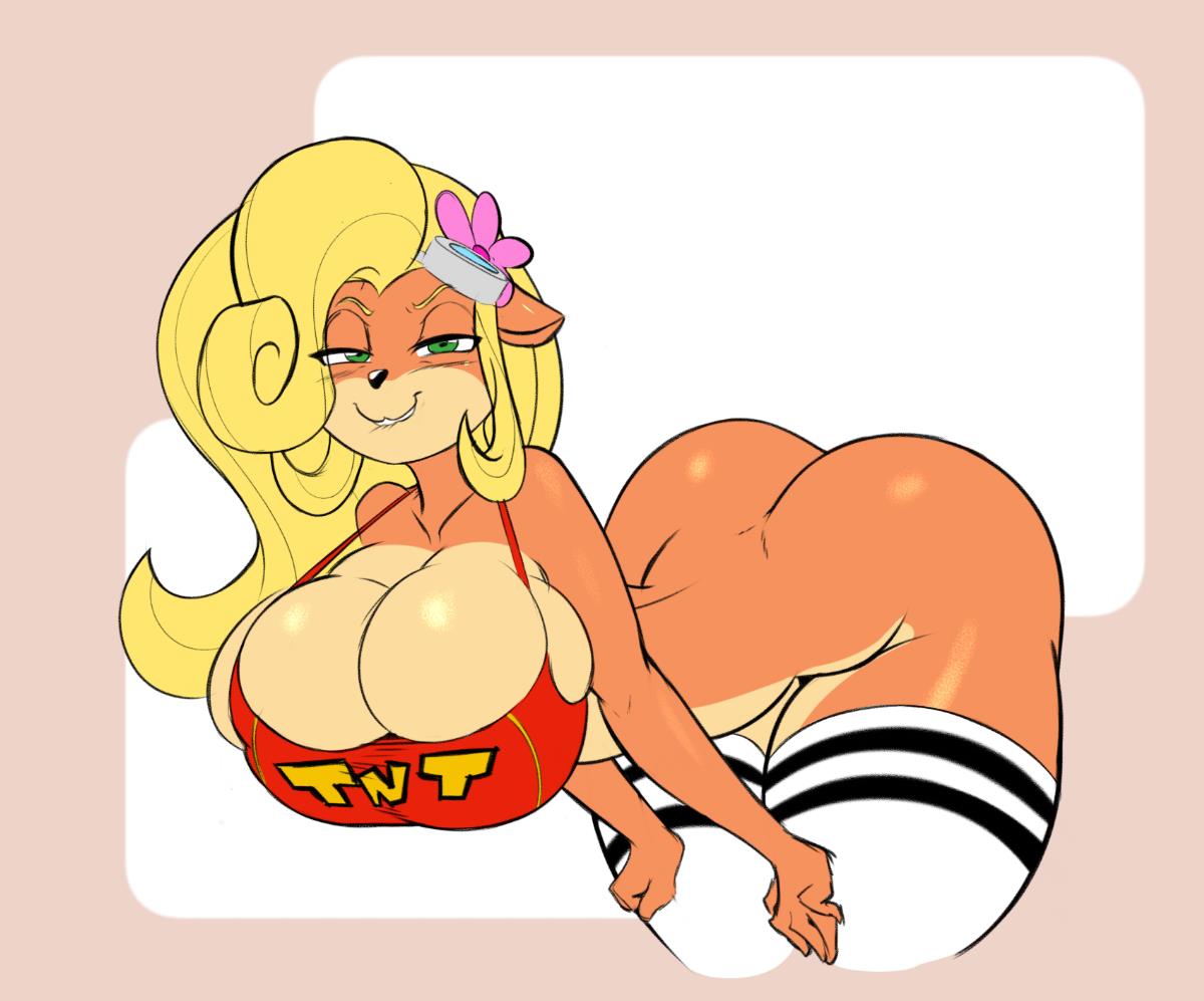 1girls, activision, anthro, ass, bedroom eyes, big ass, big breasts, blonde hair, bottomless, bottomless female, breasts, cleavage, coco bandicoot, crash (series), female, female only, flower, geometric background, green eyes, long hair, looking at viewer, microsoft, orange fur, posing, seii3, thick ass, thick thighs, thighhighs, thighs, tied hair