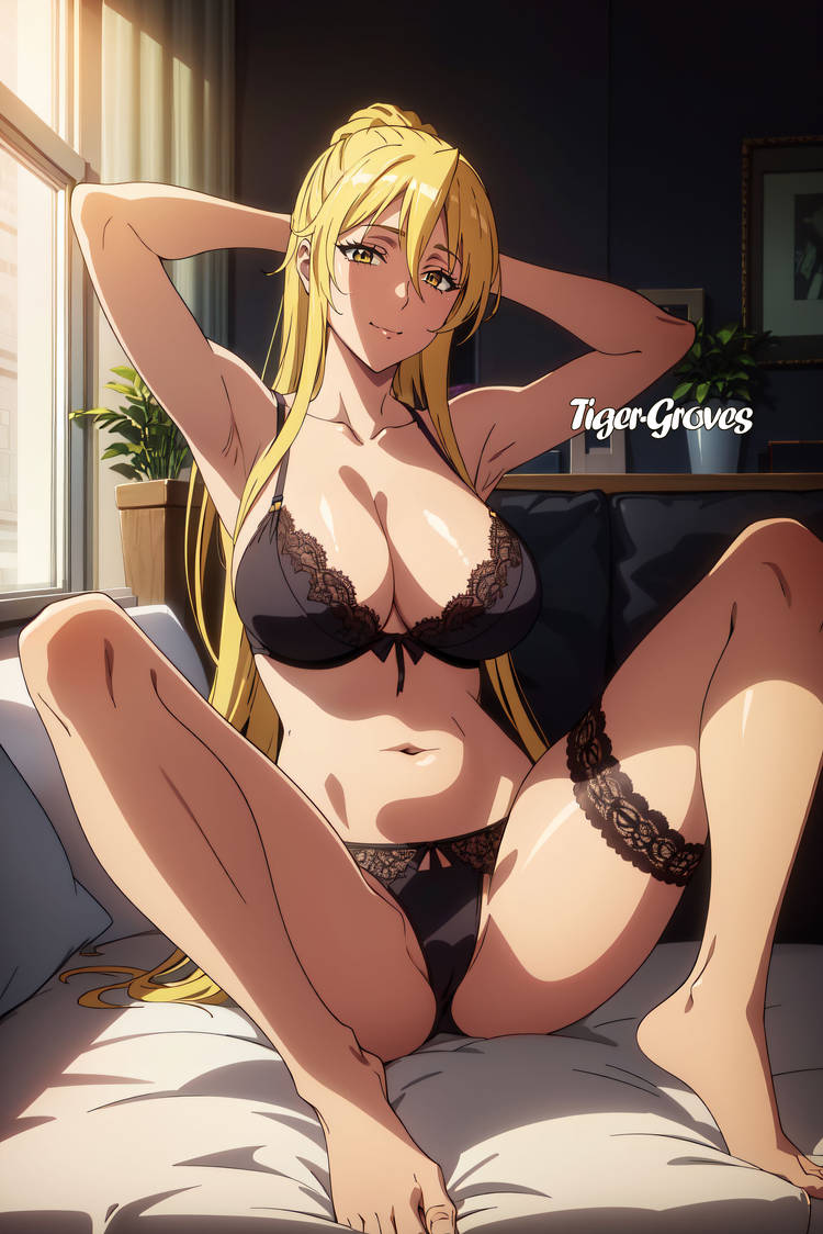 ai_generated big_breasts black_bra black_panties black_underwear blonde blonde_female blonde_hair blonde_hair_female bra highschool_of_the_dead huge_breasts large_breasts panties shizuka_marikawa tiger-groves underwear yellow_eyes