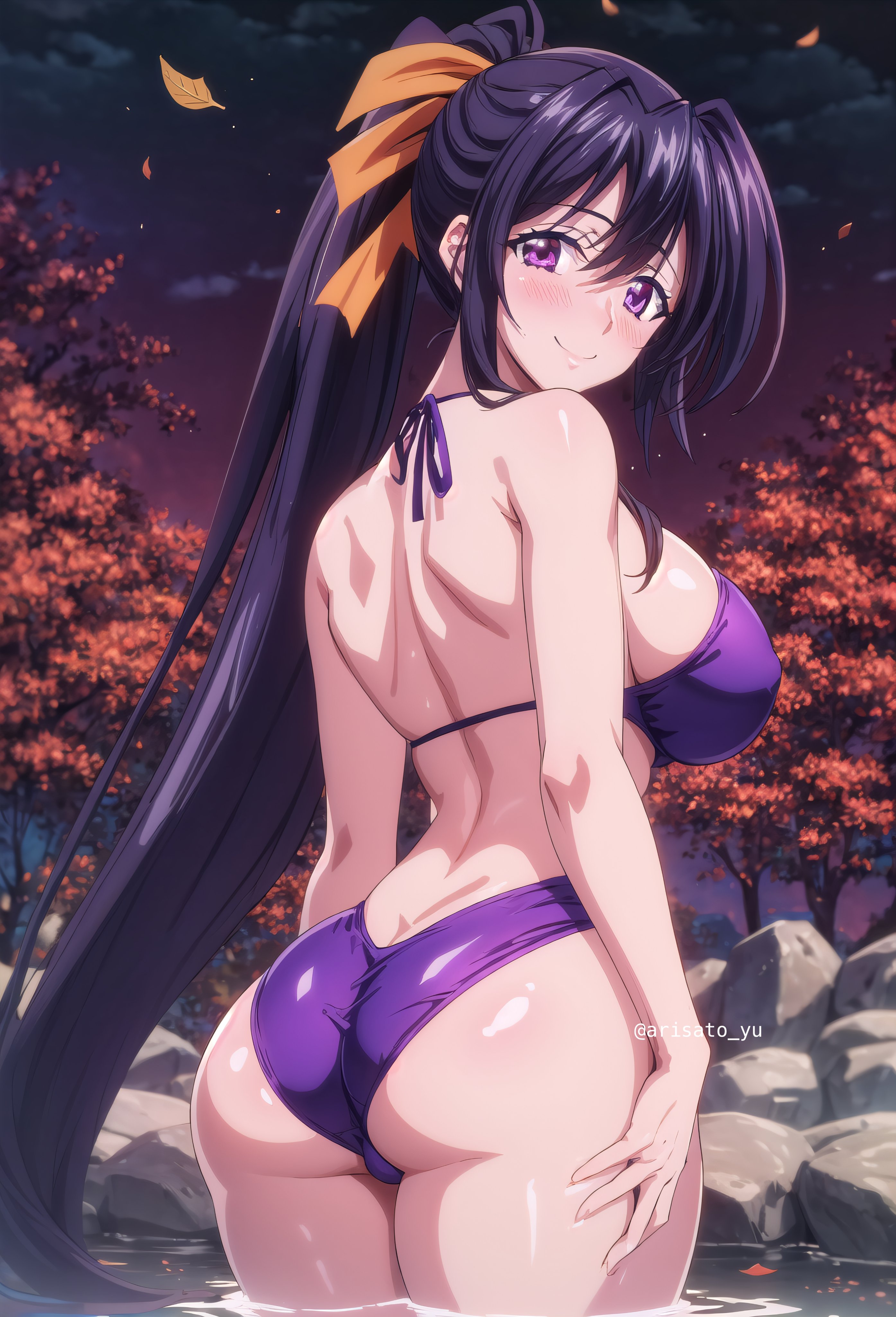 1girls, ai generated, akeno himejima, arisato yu, ass, ass focus, big ass, big breasts, bikini, blush, breasts, clothing, female, female only, hair ribbon, hand on hip, high school dxd, in water, large breasts, light skin, light-skinned female, long hair, long-haired female, looking at viewer, purple bikini, purple eyes, purple hair, purple swimsuit, ribbon, smile, solo, swimsuit, tied hair, water