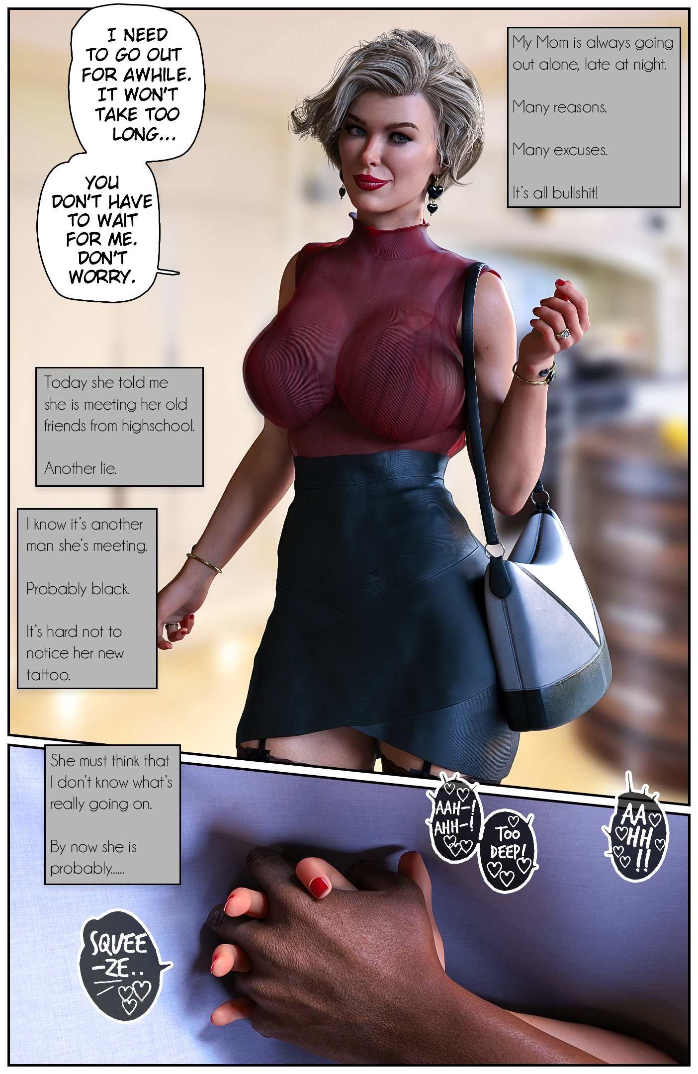 1boy, 1girls, 3d, breasts, dark skin, dark-skinned male, english text, female, highres, implied sex, interracial, large breasts, male, mother, motherly cuckold, netorare, original, original character, queen of spades, tab109, tattoo