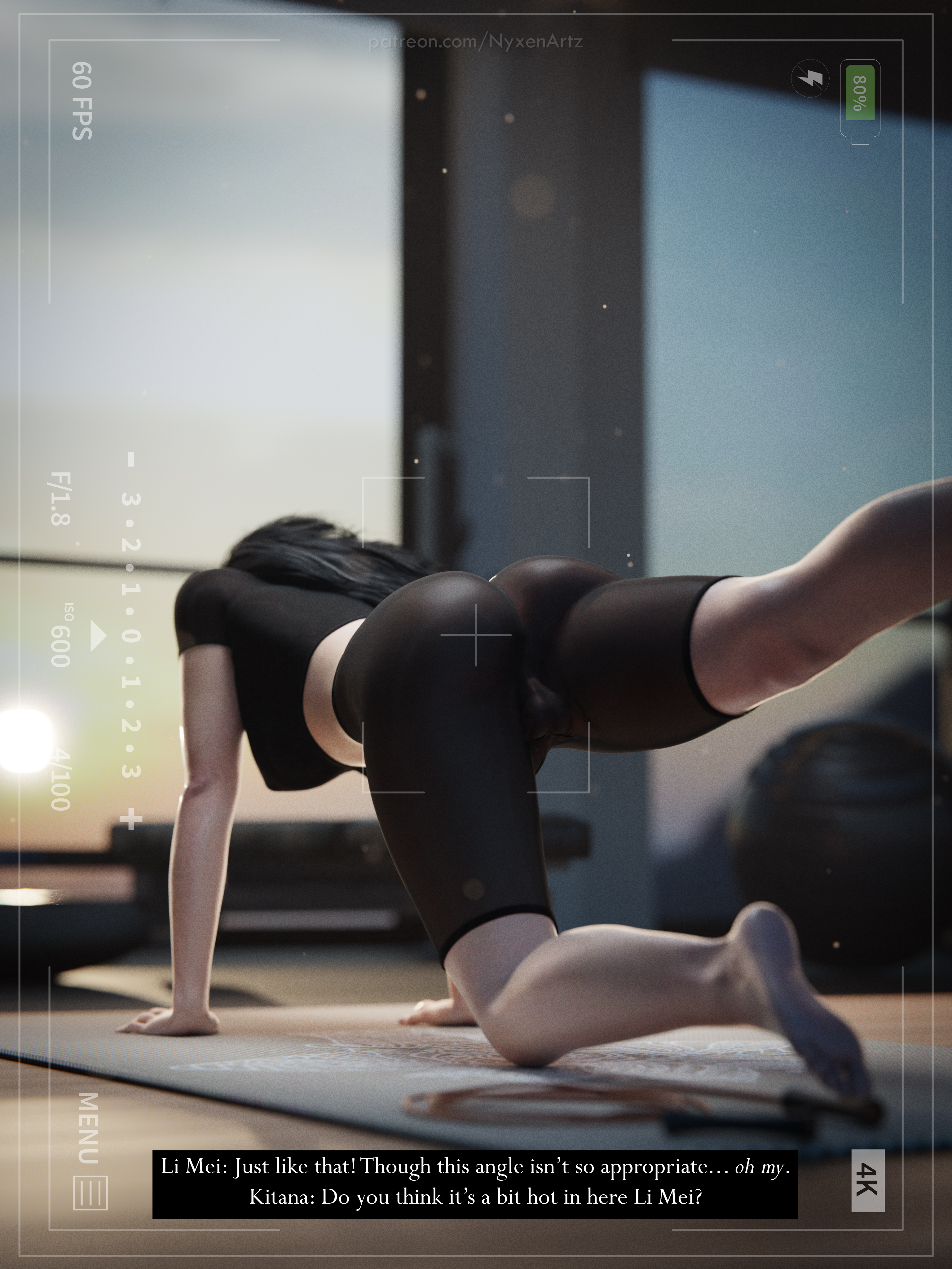 3d, 4k, asian, asian female, ass, ass focus, athletic, athletic female, back view, barefoot, big ass, big breasts, bike shorts, black hair, breasts, bubble ass, bulge, bulge through clothing, camera, camera view, caption, edenian, exercise, female, female focus, gym, gym clothes, kitana, kitana (new era), legs held open, li mei, long hair, mortal kombat, mortal kombat 1 (2023), nipple bulge, nipples visible through clothing, nyxenartz, princess, push-up, royalty, seductive, seductive pose, tight clothing