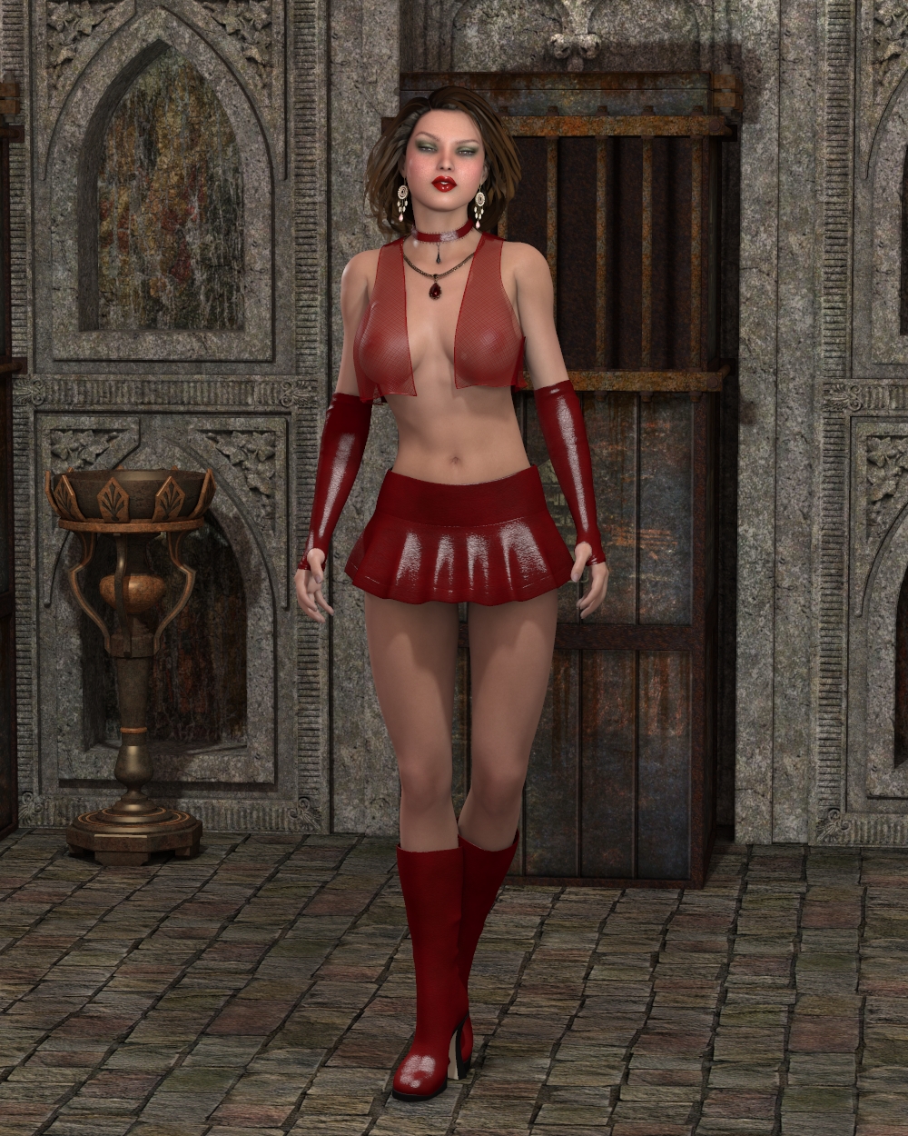 1girls 3d brown_hair horpheu original red_skirt see-through see-through_clothing see-through_top skirt slave_estelle