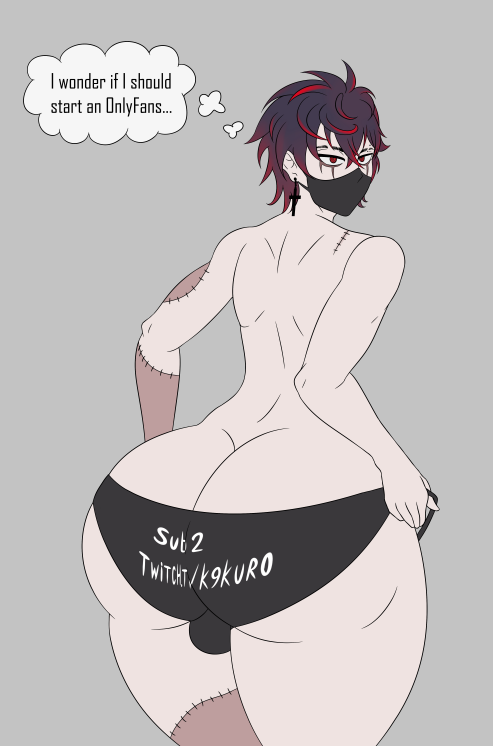 1boy 1femboy 2024 ass ass_cleavage ass_focus ball_bulge balls_in_panties big_ass big_butt black_and_red_hair black_panties butt_crack earrings face_mask femboy feminine_male hands_on_ass huge_ass huge_butt kuro_kurenai lewd_kingdom looking_at_viewer male male_focus male_only pulling_panties red_eyes stitches tagme thick_ass thick_thighs thought_bubble twitch virtual_youtuber vshojo vtuber white_background wide_hips