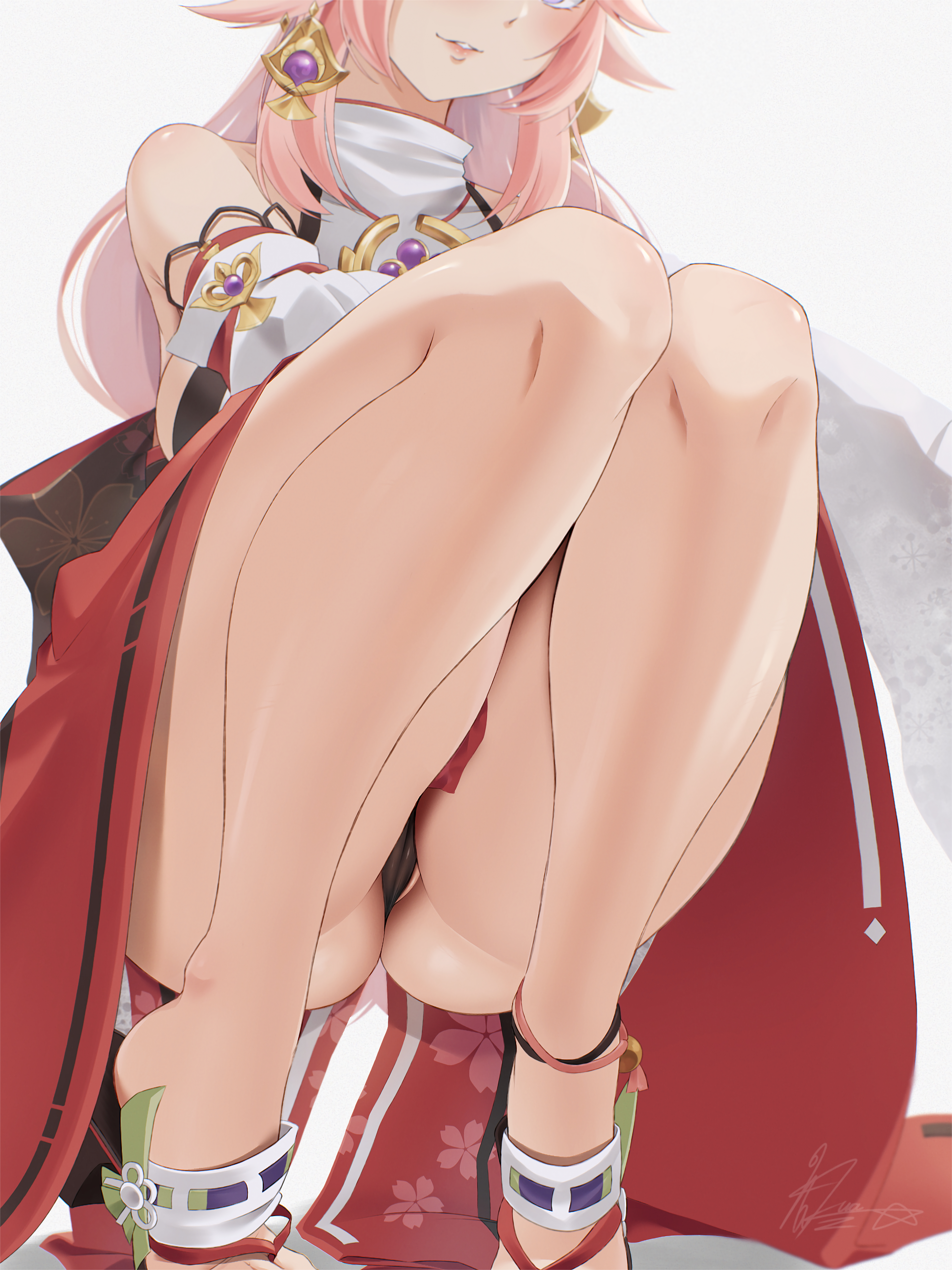 1girls, ass, crouching, earrings, female, female only, genshin impact, hakua (hka art), hi res, highres, legs, miko, panties, pink hair, smile, solo, solo female, squatting, thick, thick thighs, thighs, thong, voluptuous, yae miko
