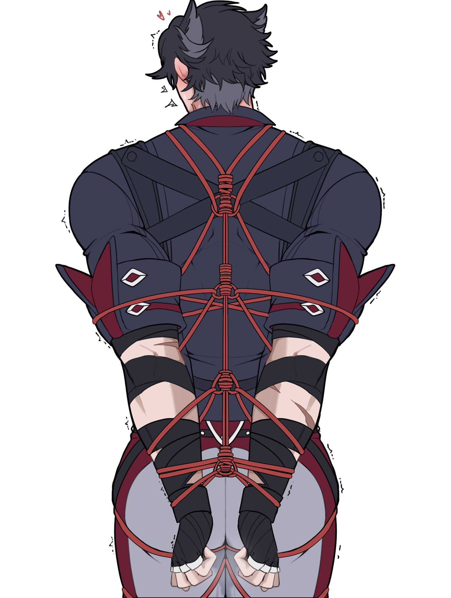 1boy, bondage, clothed, gay, genshin impact, juju eateatuwu, male, male only, malesub, rope bondage, solo, solo male, wriothesley (genshin impact), yaoi
