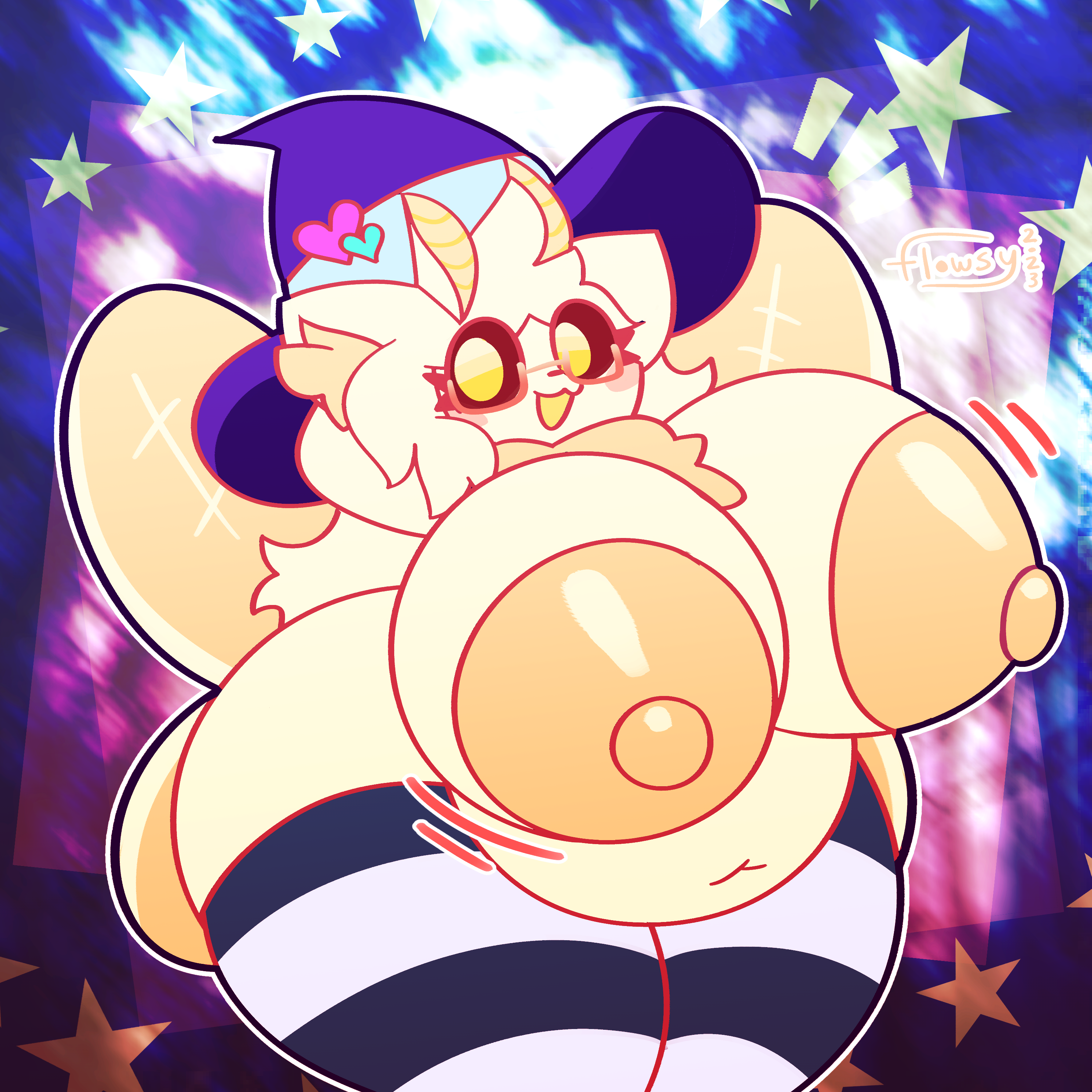 1girls, antennae, anthro, arthropod, big areola, big belly, big breasts, big thighs, breasts, cat ears, chubby, eyewear, feline, female, flowsynchronomy, fur, glasses, hyper breasts, hyper thighs, insect humanoid, insects, lepidopteran, looking down, moth, moth girl, neck tuft, solo, thighhighs, trans woman, transfem, tummy, valerie (mothbrained), wings, witch hat, yellow eyes