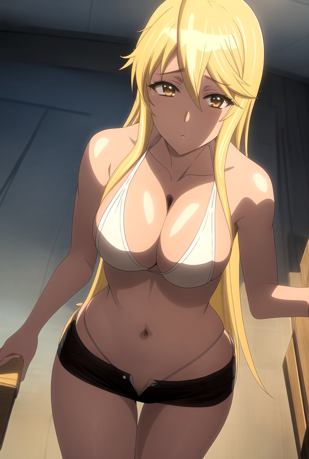 ai generated, blonde, blonde female, blonde hair, blonde-haired female, bra, denim shorts, female, highschool of the dead, panties, shizuka marikawa, short shorts, shorts, white bra, white panties, yellow eyes