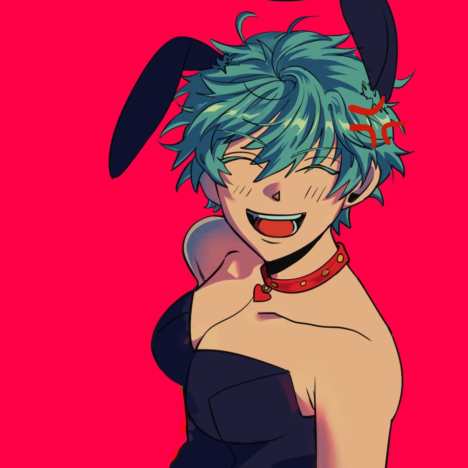 alternate_costume anger_vein angry blue_hair bunny_ears bunny_girl bunnysuit canon_genderswap cleavage closed_eyes collar female female_only genderswap_(mtf) ginko_sakata gintama gintoki_sakata higigin_jmt looking_at_viewer medium_breasts playboy_bunny red_background rule_63 short_hair smile solo tomboy upper_body very_short_hair