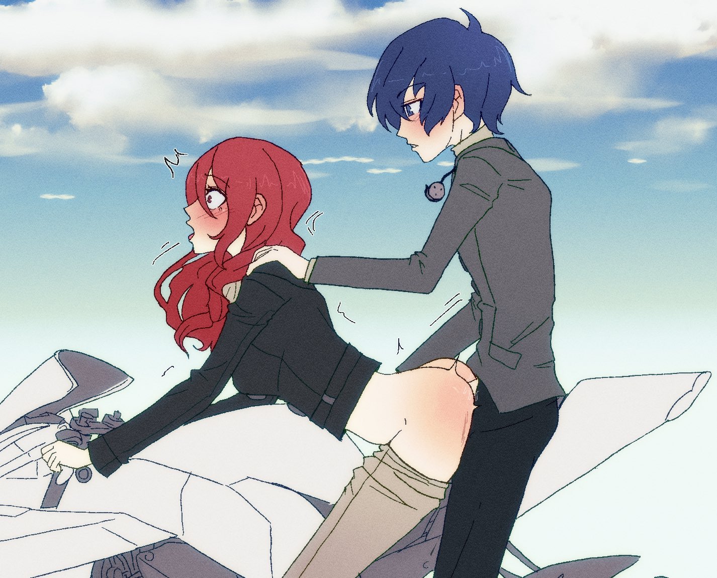1boy, 1girls, ambiguous penetration, ass, bike, blush, exhibitionism, female, from behind, makoto yuki, male, minato arisato, mitsuru kirijo, persona, persona 3, raydeluxxxe, sex, shocked, shocked expression
