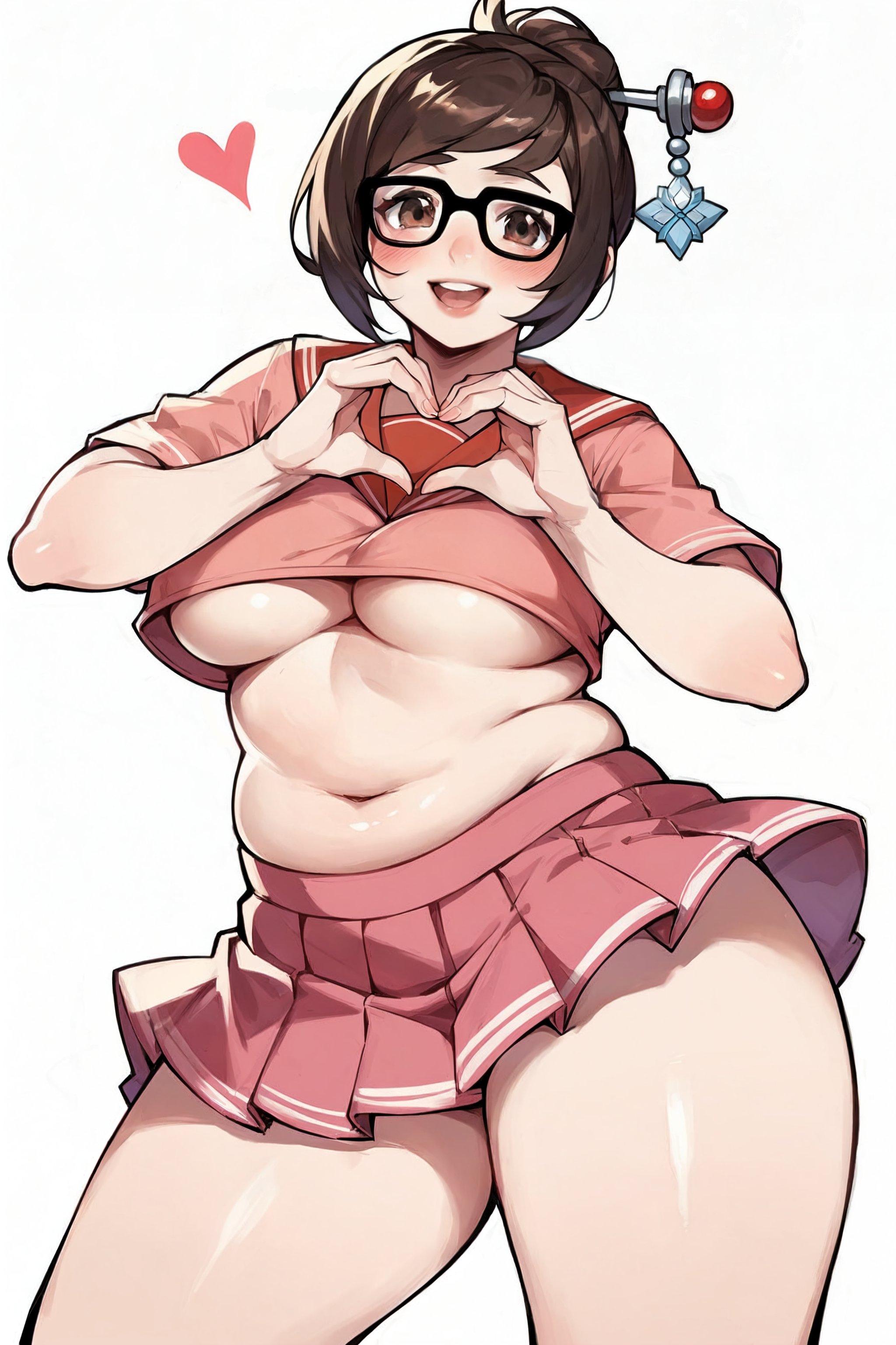 1girls, ai generated, aimoonshine, blush, breasts, brown eyes, brown hair, cowboy shot, crop top, female, glasses, hair bun, hair stick, heart, heart hands, large breasts, lips, looking at viewer, mei (overwatch), neckerchief, open mouth, overwatch, overwatch 2, pink shirt, pink skirt, pleated skirt, plump, sailor collar, school uniform, serafuku, simple background, smile, thick thighs, tight clothing, underboob, white background, wide hips