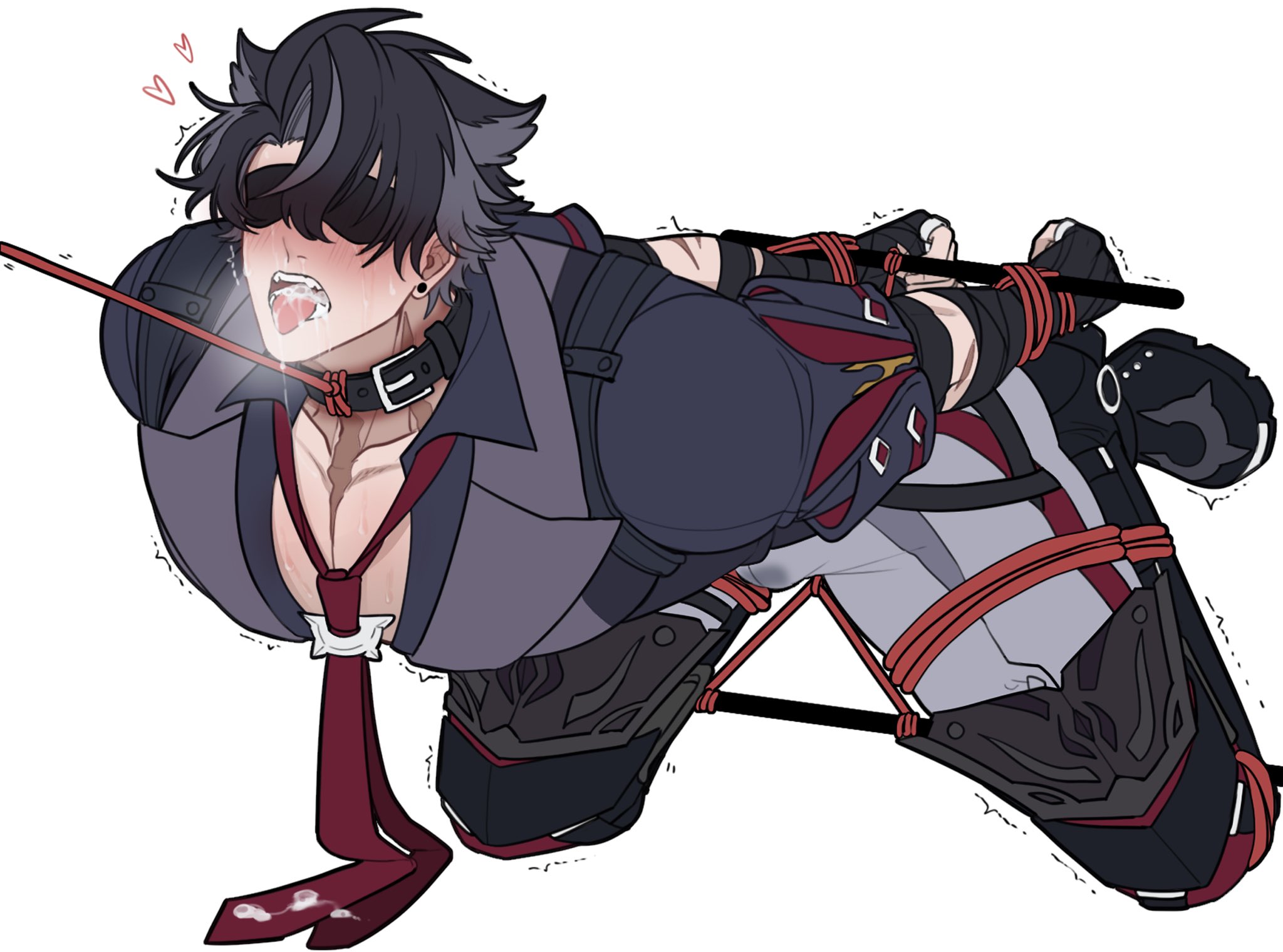 1boy, arms behind back, blindfold, bondage, cum in mouth, gay, genshin impact, juju eateatuwu, leash, leash and collar, leash pull, male, male only, malesub, open mouth, rope bondage, solo, solo male, visible breath, wriothesley (genshin impact), yaoi