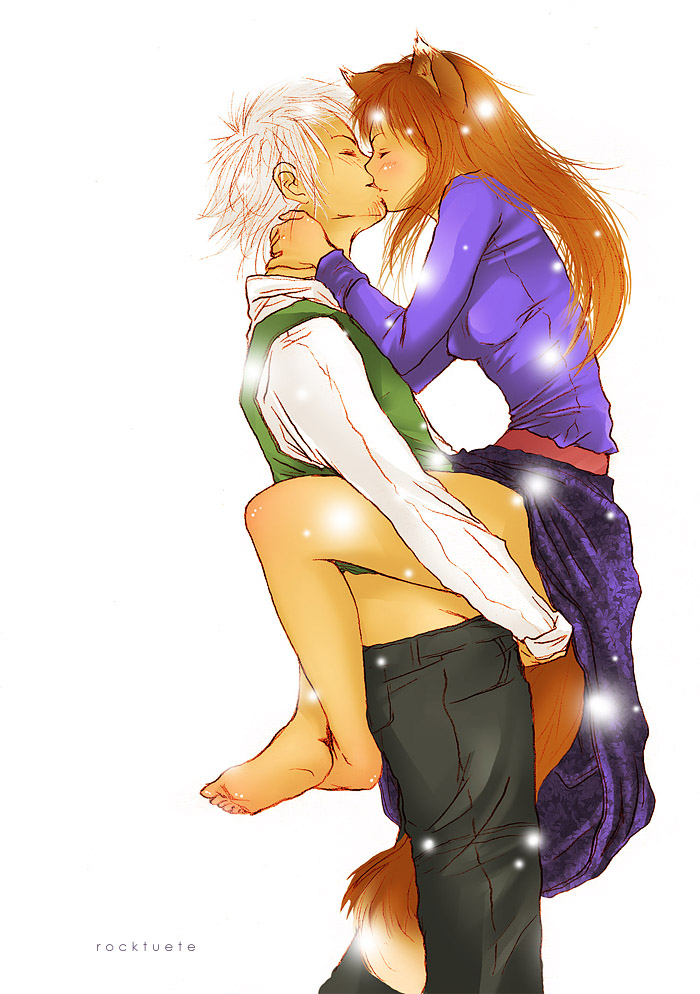 1boy 1girls ambiguous_penetration animal_ears barefoot brown_hair canon_couple carrying carrying_partner closed_eyes clothed_sex clothing female holo husband_and_wife kemonomimi kissing kraft_lawrence leg_lock long_hair male pants_down rocktuete soles spice_and_wolf stand_and_carry_position standing_sex wholesome wolf_ears wolf_girl wolf_tail