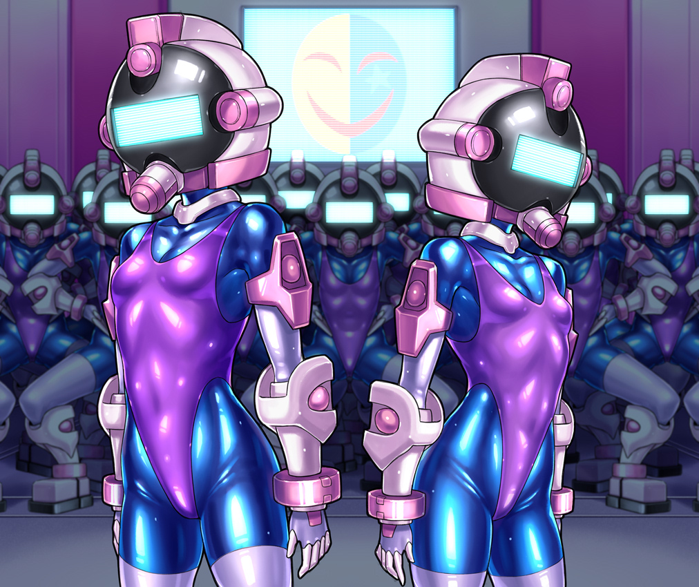 aile ash blonde_hair bodysuit boots bracers breasts brown_hair capcom collar corruption covered_face drone droneification dronification empty_eyes enemy_conversion female_only haigure hat helmet leotard long_hair looking_at_viewer mega_man mega_man_zx monitor multiple_girls prairie purple_eyes short_hair small_breasts thighhighs transformation visor