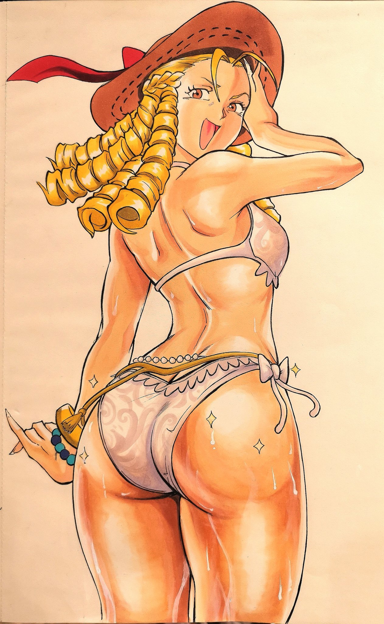 1girls, ass, ass cleavage, ass crack, ass focus, big ass, bikini, blonde hair, bubble ass, bubble butt, butt crack, capcom, female, female only, karin kanzuki, octavius dp, shiny skin, smug, solo, sparkles, street fighter, sunhat, sweat, swimsuit