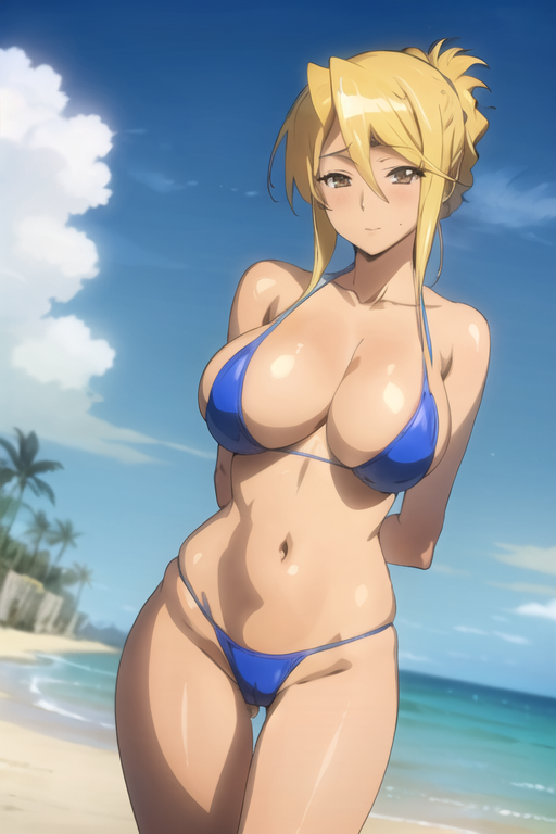 ai_generated beach bikini blonde blonde_female blonde_hair blonde_hair_female blue_bikini blue_swimsuit blue_swimwear highschool_of_the_dead shizuka_marikawa swimsuit swimwear yellow_eyes