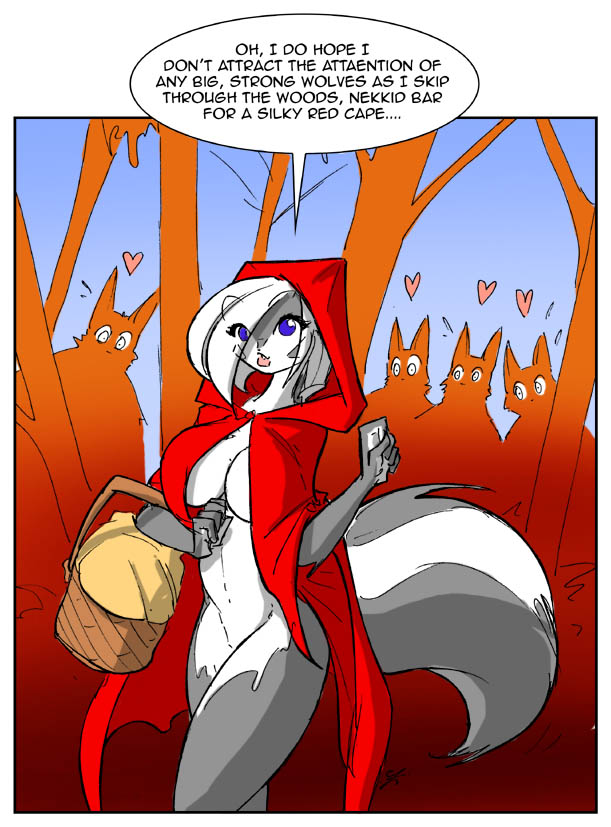 blue_eyes chloe_sinclaire eyebrows_visible_through_hair female fluffy fluffy_tail grey_body grey_fur jolly_jack lipstick little_red_riding_hood mostly_nude picnic_basket tagme tail text text_bubble two_tone_body two_tone_fur white_body white_fur white_hair