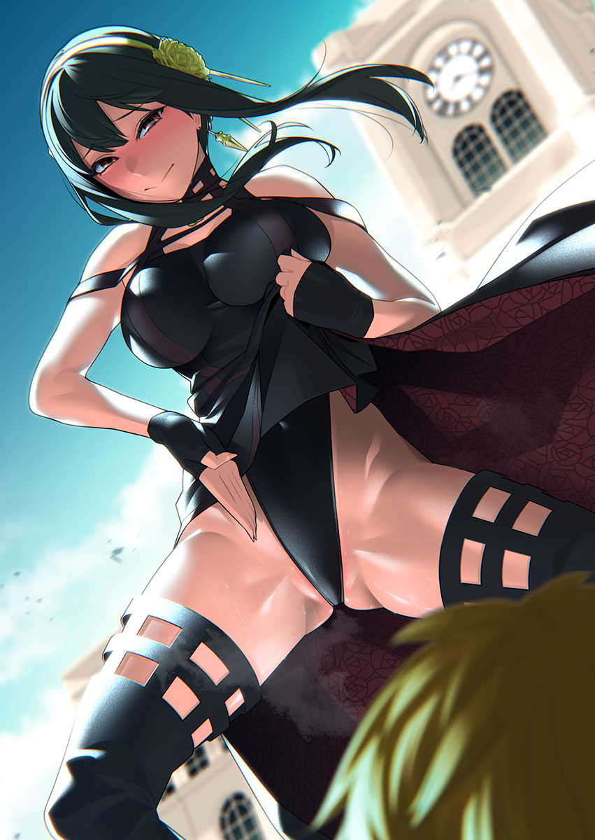 1female 1girls assassin big_breasts black_dress black_hair blue_sky blush body_control breasts closed_mouth cloud crouching dress dress_lift ear_piercing embarrassed female female_human femsub fingerless_gloves forced forced_presentation gesture haigure highleg human jewelry large_breasts leotard lifted_by_self loid_forger looking_at_viewer mature_female milf nervous_smile outside person_of_rom pose posing sidelocks sky slim_waist smile spread_legs spy_x_family squatting swimsuit thigh_highs thighhighs thighs thorn_princess yor_briar yor_forger