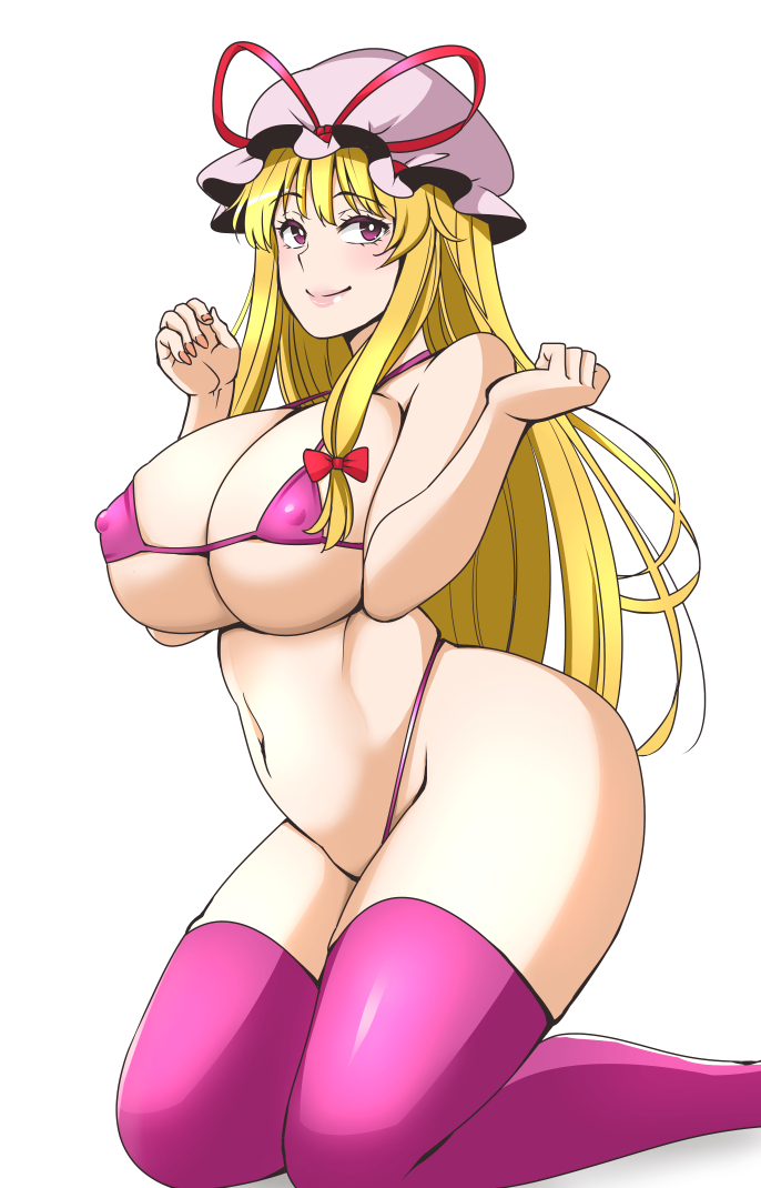 1girls big_breasts bikini blonde_female blonde_hair breasts huge_ass light-skinned_female light_skin mature_female milf mob_cap pink_bikini pink_thighhighs purple_eyes shiraue_yuu thighhighs touhou yukari_yakumo