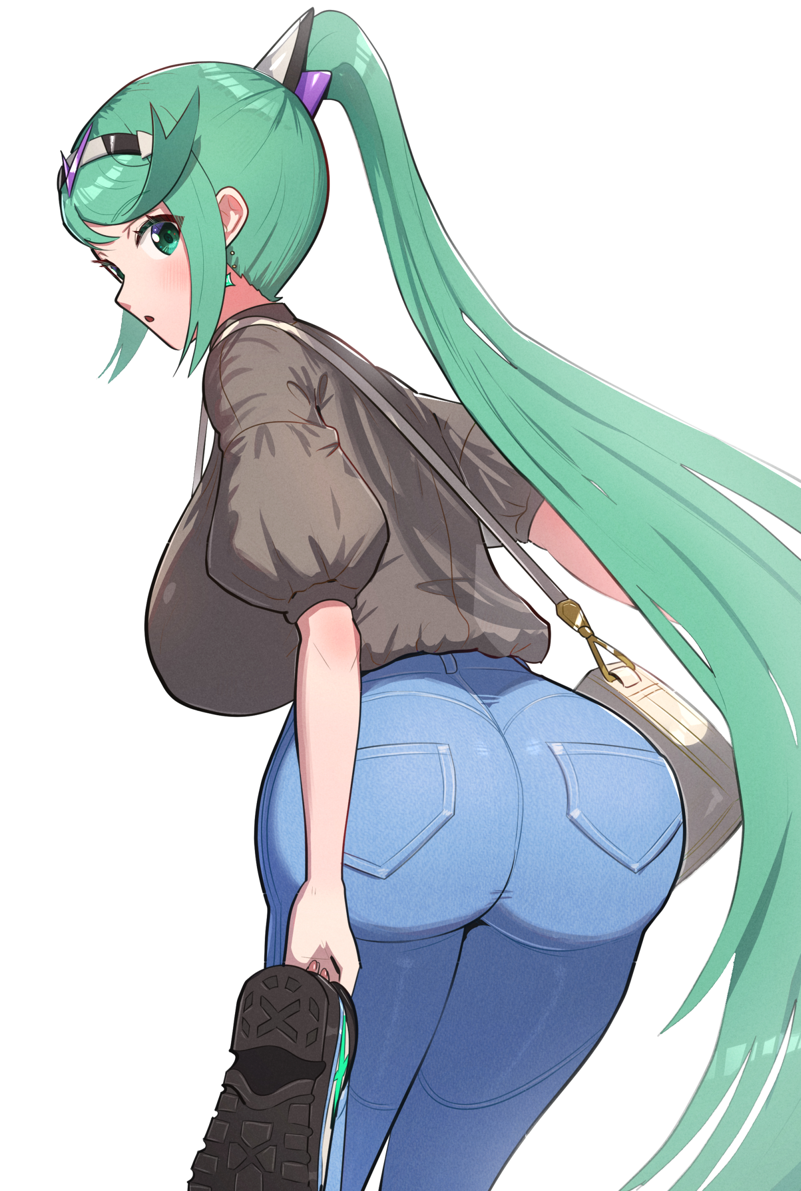 1girls, ass, breasts, female, gonzarez, green eyes, green hair, high resolution, huge ass, jeans, large breasts, light skin, light-skinned female, long hair, nintendo, pneuma (xenoblade), xenoblade (series), xenoblade chronicles 2