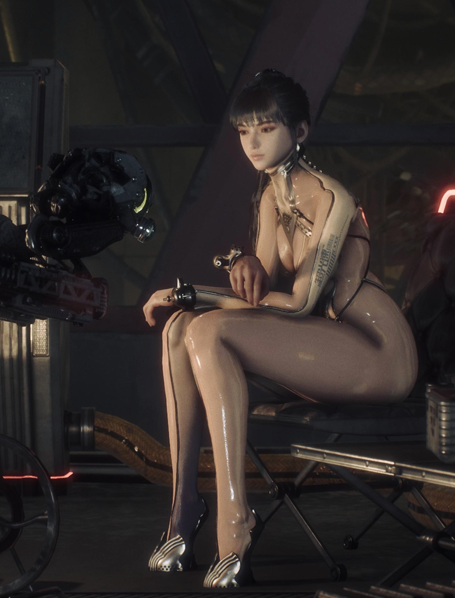 1girls, bangs, clothing, eve (stellar blade), female, high heels, legs, pale skin, screencap, shoes, skin suit (stellar blade), solo, stellar blade, tagme, thighs, tight clothing