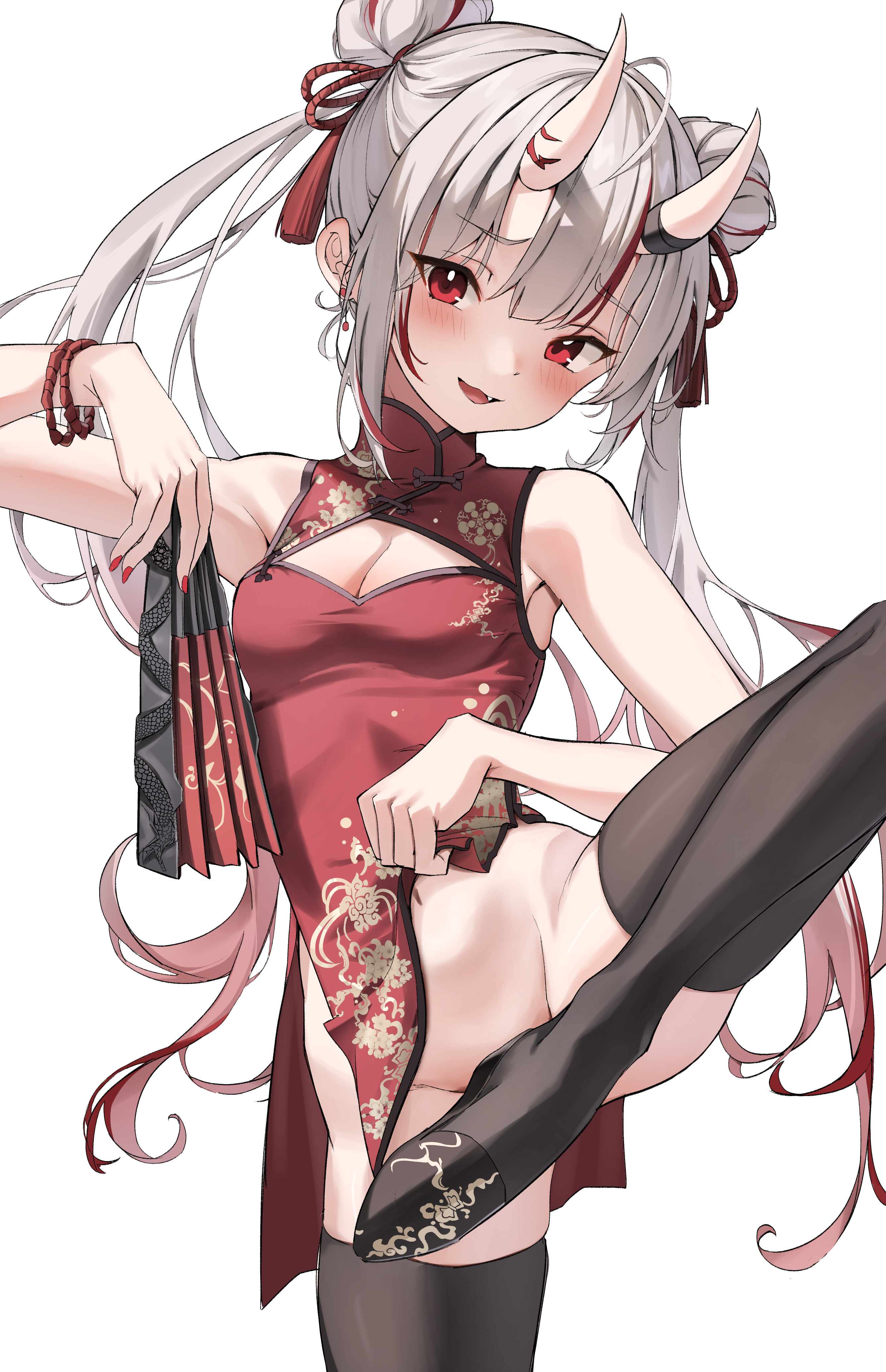 1girls, bare shoulders, black thighhighs, blush, breasts, chinese clothes, cleavage, double bun, fangs, female, grey hair, hair bun, hololive, hololive gen 2, hololive japan, long hair, medium breasts, multicolored hair, nakiri ayame, navel, oni, oni horns, open mouth, red dress, red eyes, red hair, scarlet (wv0102), smile, solo, straight hair, twintails, virtual youtuber
