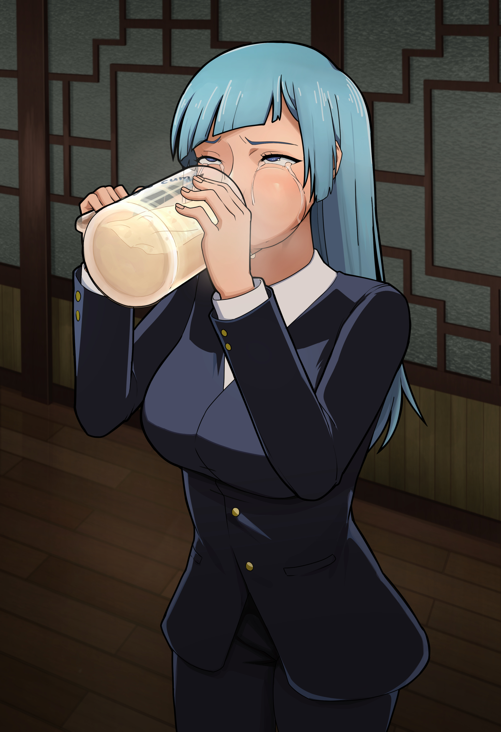 1girls, artist request, blue hair, blue-haired female, cheek bulge, cum in container, drinking cum, female, female only, gokkun, human, jujutsu kaisen, kasumi miwa, solo, tagme