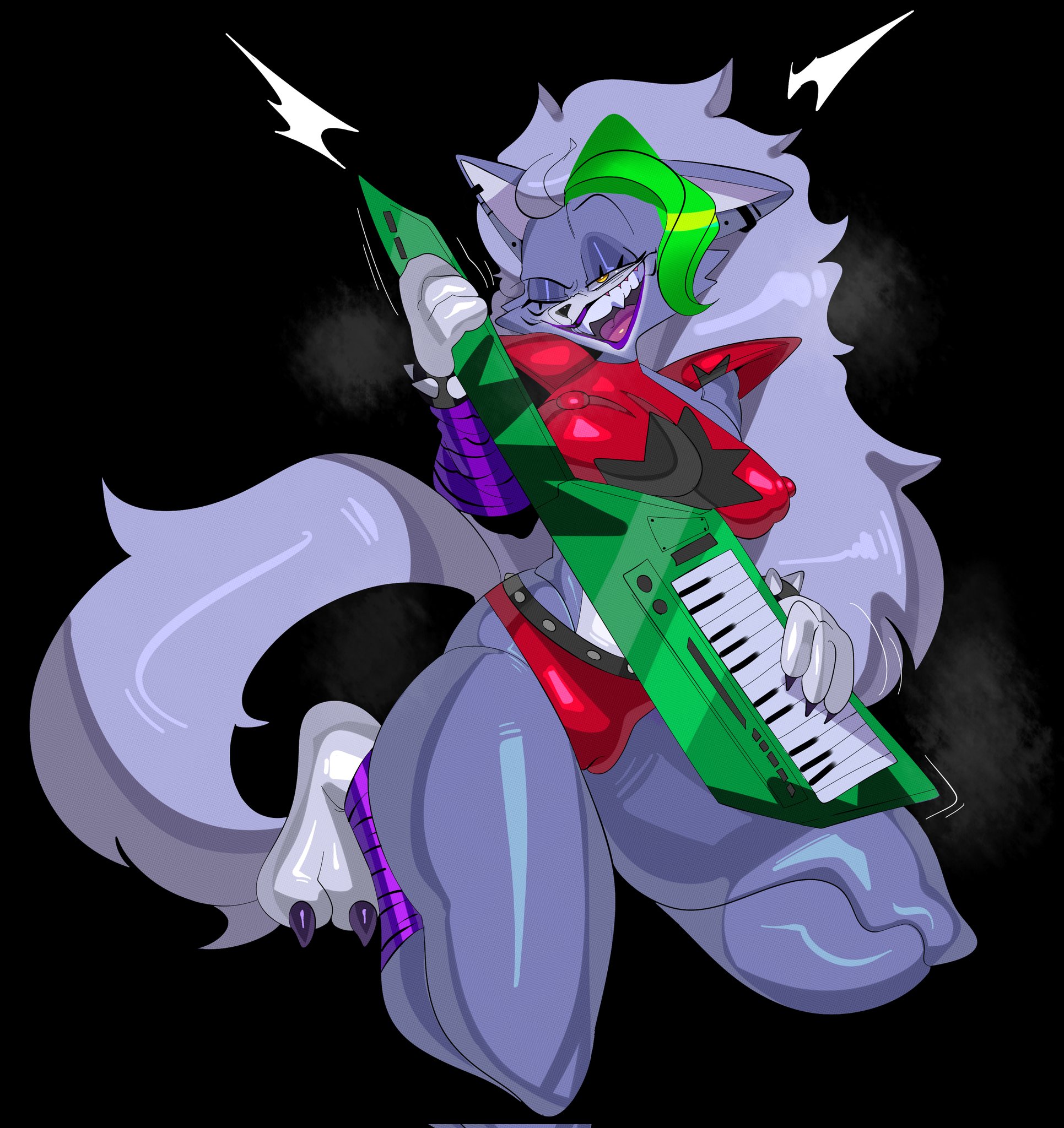 1girls, ass, ass visible through thighs, big breasts, breasts, busty, cameltoe, commission, erect nipples, female, female only, five nights at freddy's, five nights at freddy's: security breach, green hair, looking at viewer, multicolored hair, nipple bulge, nipples, purple body, purple fur, pussy, roxanne wolf (fnaf), sharp teeth, solo, solo female, solo focus, tayuri, thick thighs, thighs, tight clothing, white hair, wide hips, wolf ears, wolf tail, yellow eyes